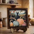 Framed Black Cat and Pumpkins Art Print | Rustic Fall Halloween Decor
