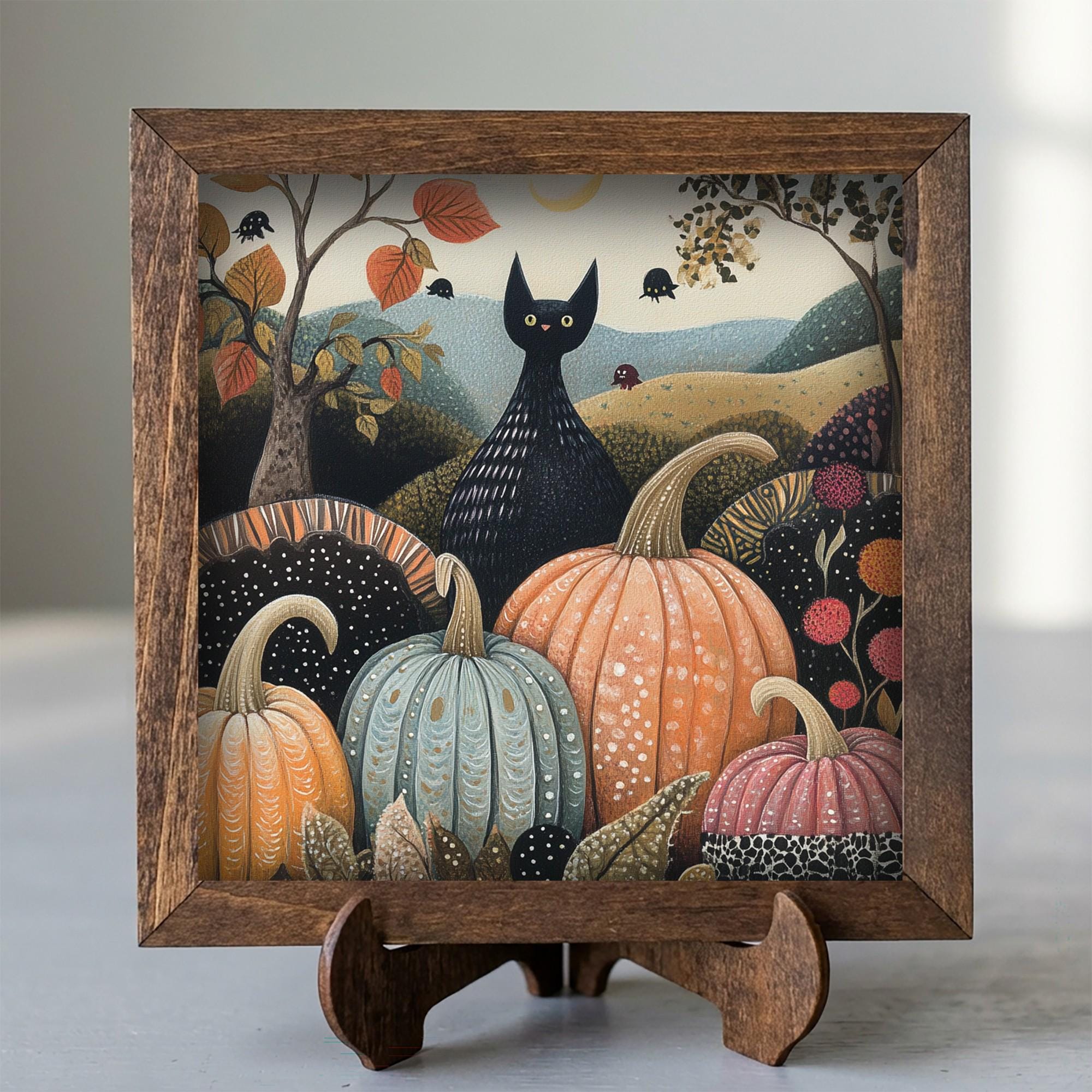 Framed Black Cat and Pumpkins Art Print | Rustic Fall Halloween Decor