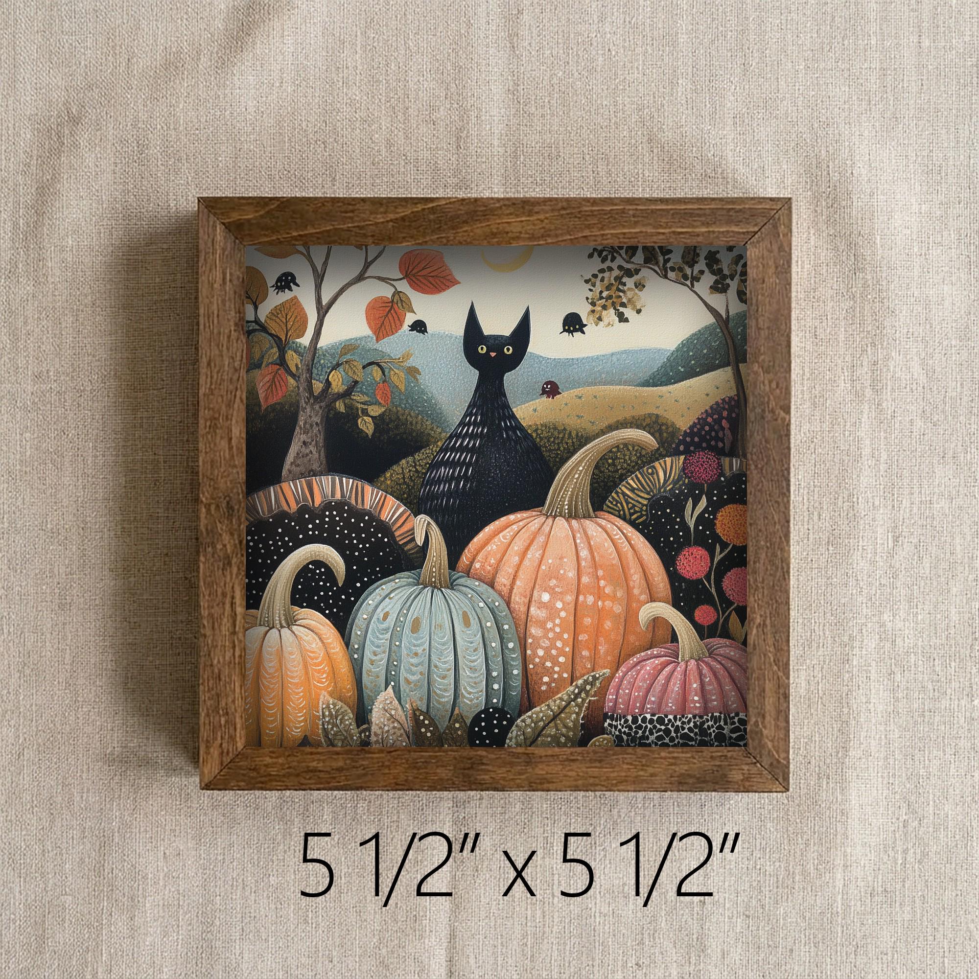 Framed Black Cat and Pumpkins Art Print | Rustic Fall Halloween Decor