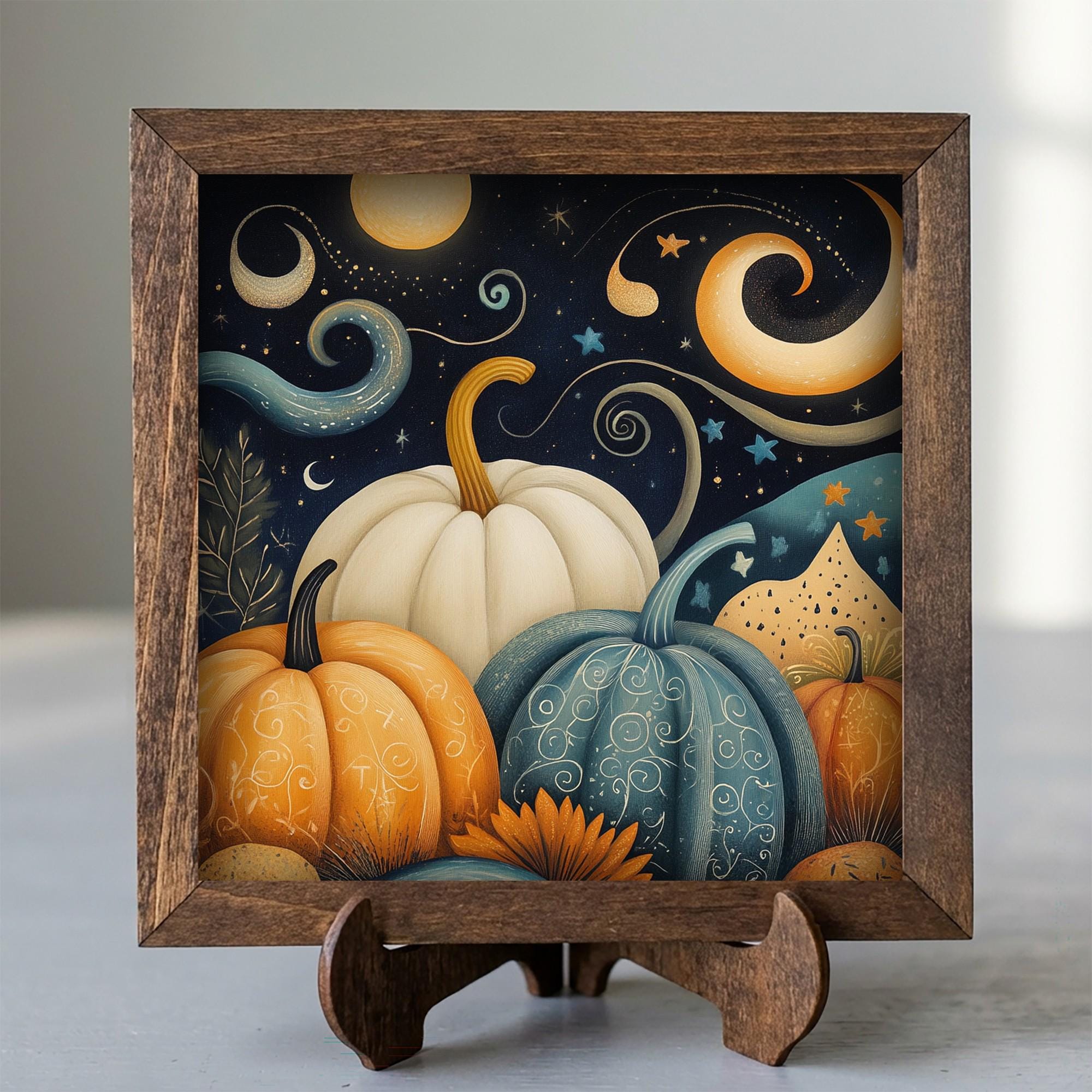 Framed Pumpkin Night Sky Art Print | Rustic Fall Farmhouse Decor