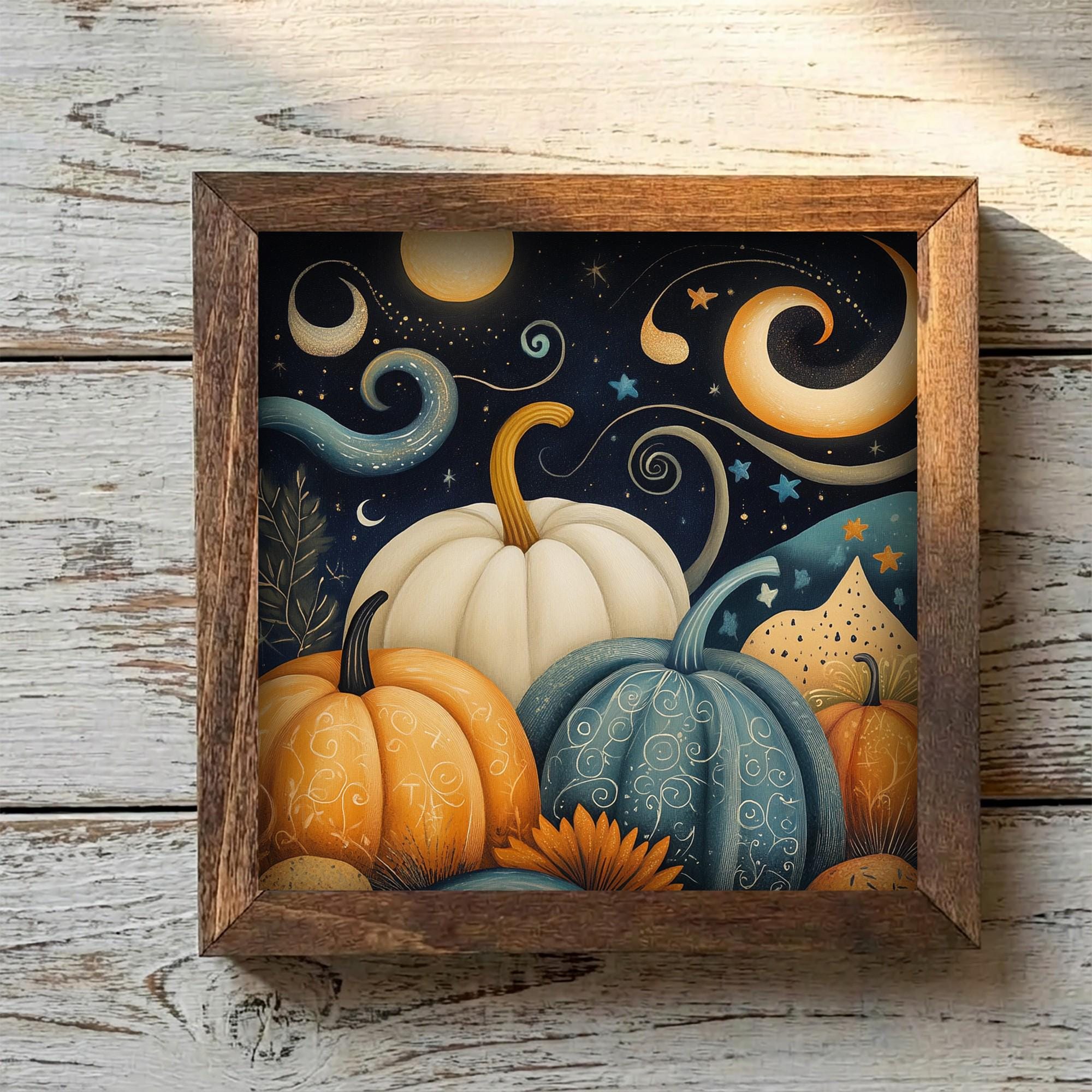 Framed Pumpkin Night Sky Art Print | Rustic Fall Farmhouse Decor