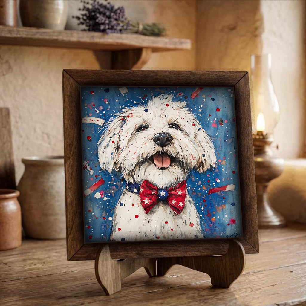 Framed Patriotic Dog Art Print | Rustic Farmhouse Shelf Decor