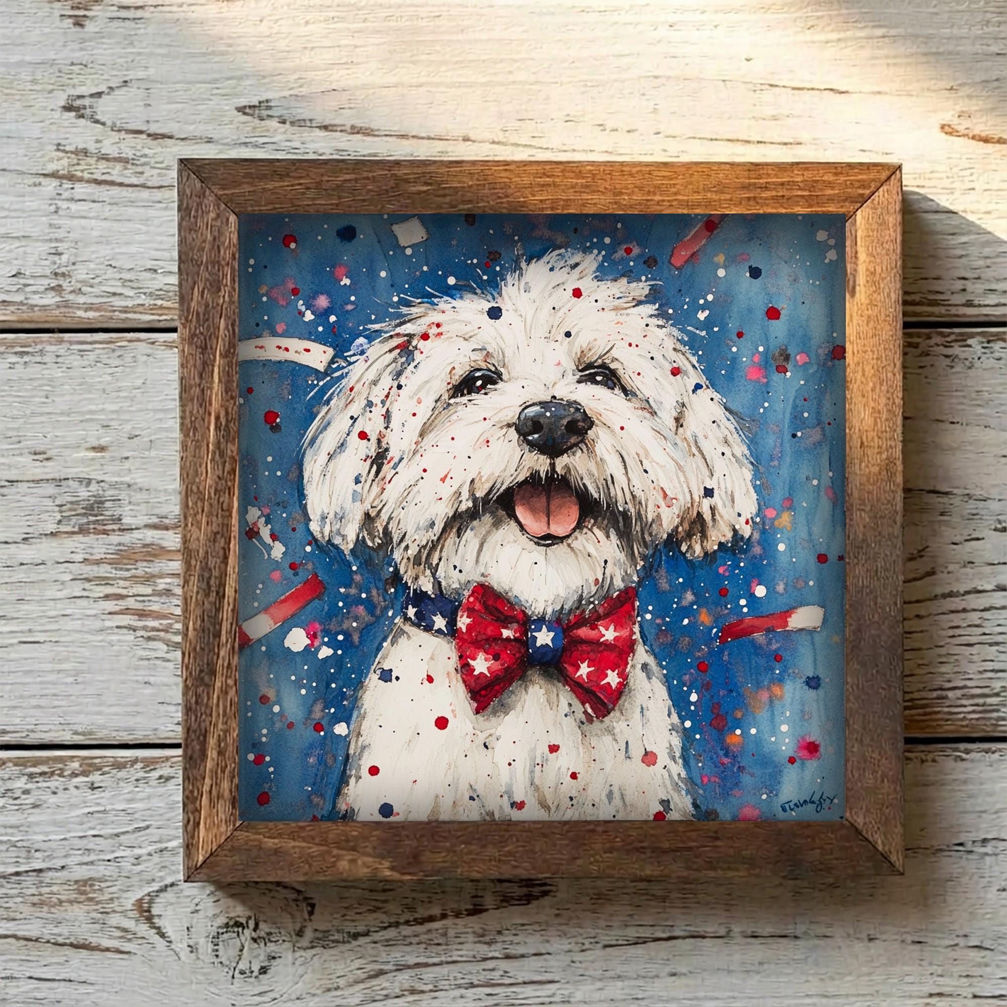 Framed Patriotic Dog Art Print | Rustic Farmhouse Shelf Decor