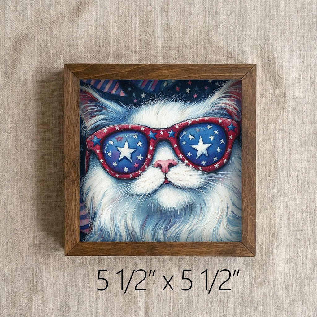 Framed Patriotic Cat Art Print | Rustic Farmhouse Shelf Decor
