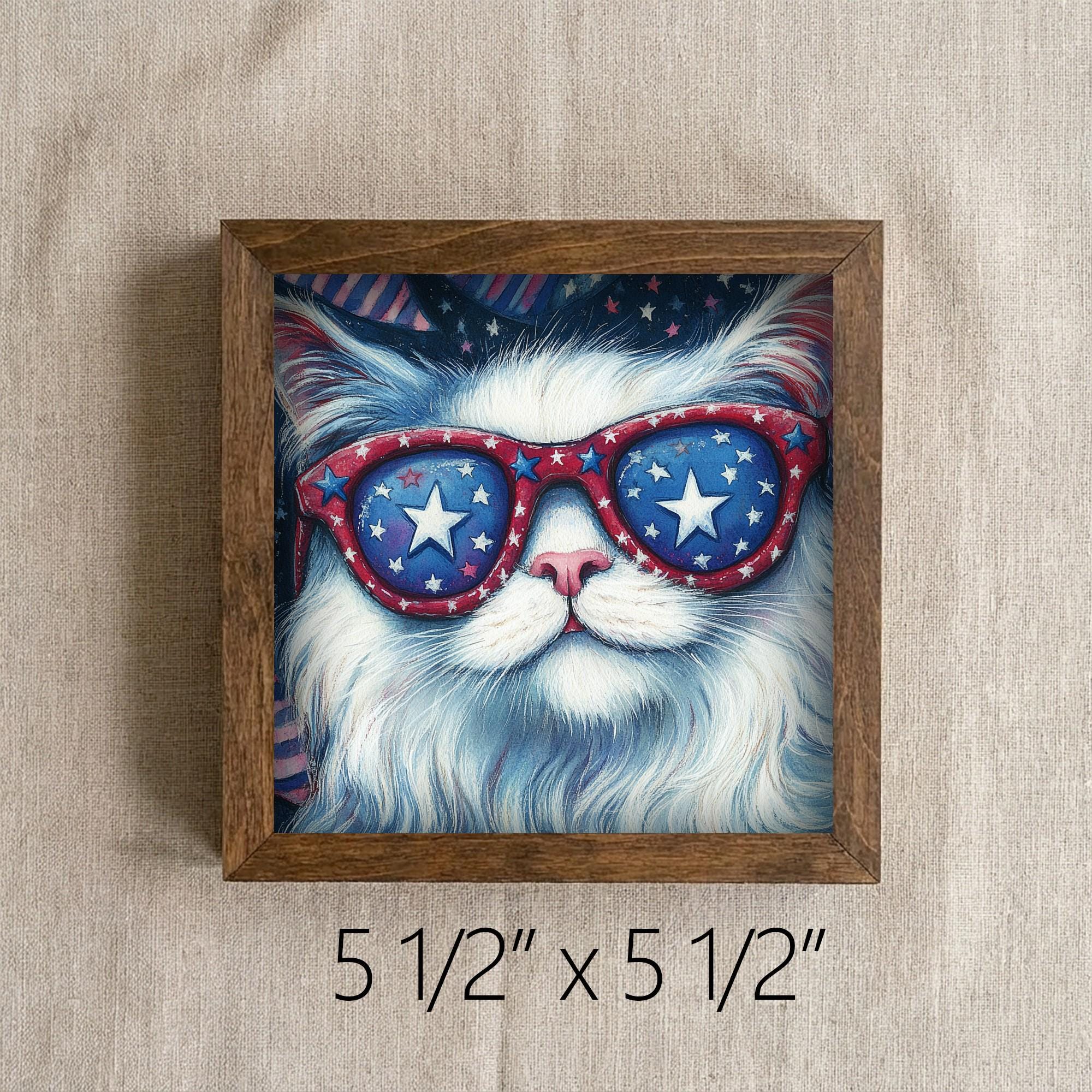 Framed Patriotic Cat Art Print | Rustic Farmhouse Shelf Decor