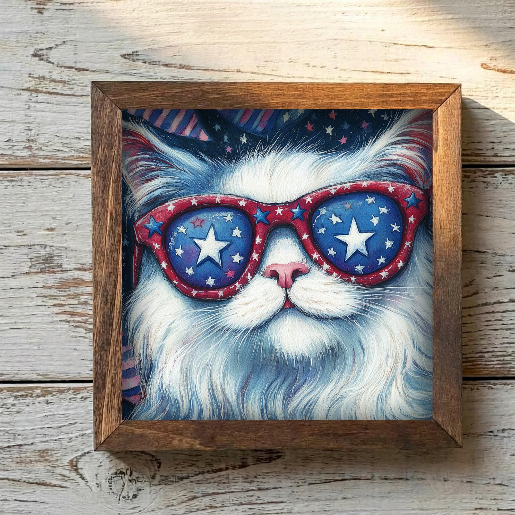 Framed Patriotic Cat Art Print | Rustic Farmhouse Shelf Decor