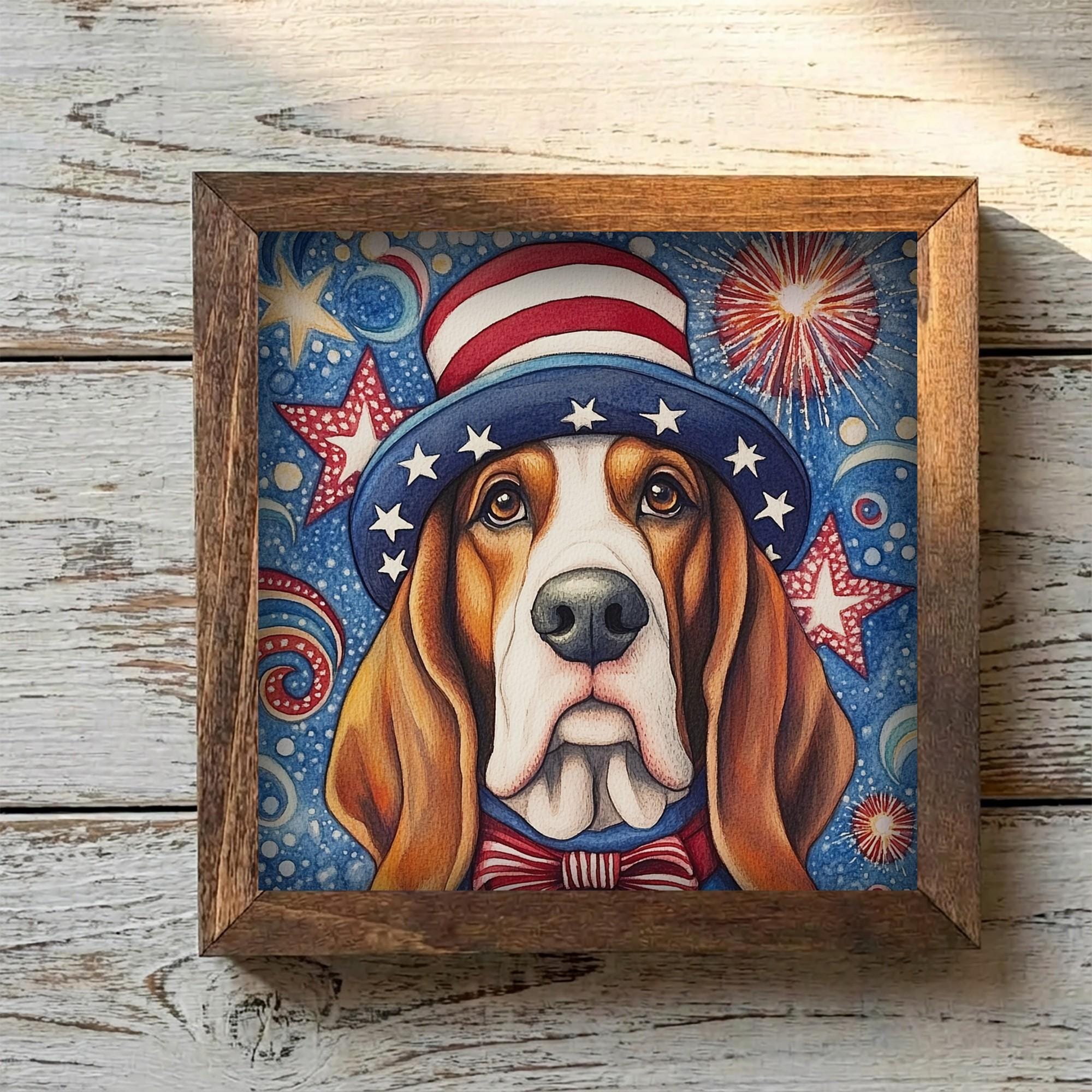 Framed Patriotic Dog Art Print | Rustic Farmhouse Shelf Decor