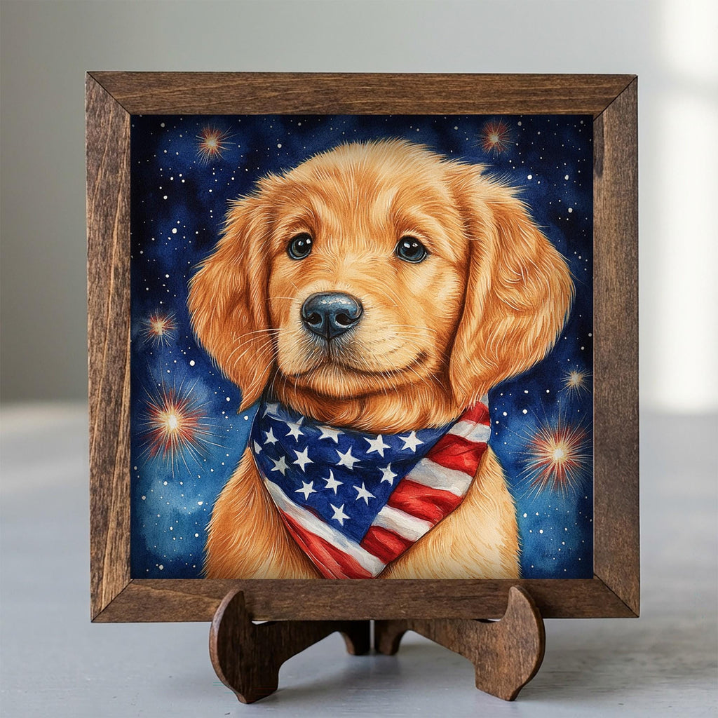 Framed Golden Retriever Art Print | Patriotic Farmhouse Shelf Decor
