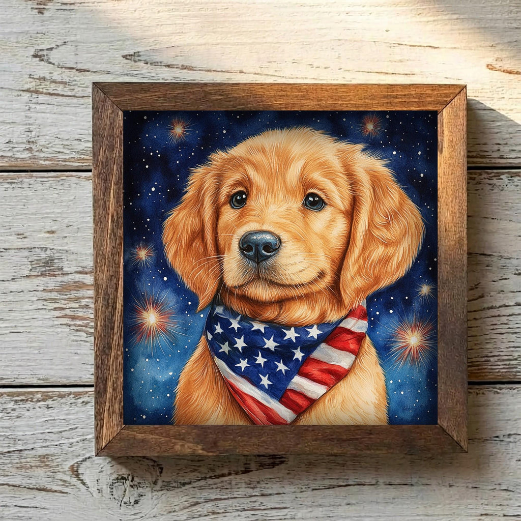 Framed Golden Retriever Art Print | Patriotic Farmhouse Shelf Decor