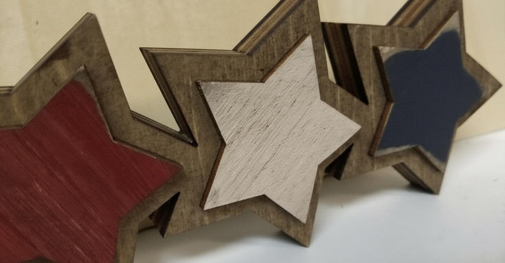 Connected Wood Stars Patriotic Decor, Americana Star Trio Shelf Sitter, 4th of July Tabletop Sign, Rustic Farmhouse Red White Blue Decor - TheGrumpyRooster