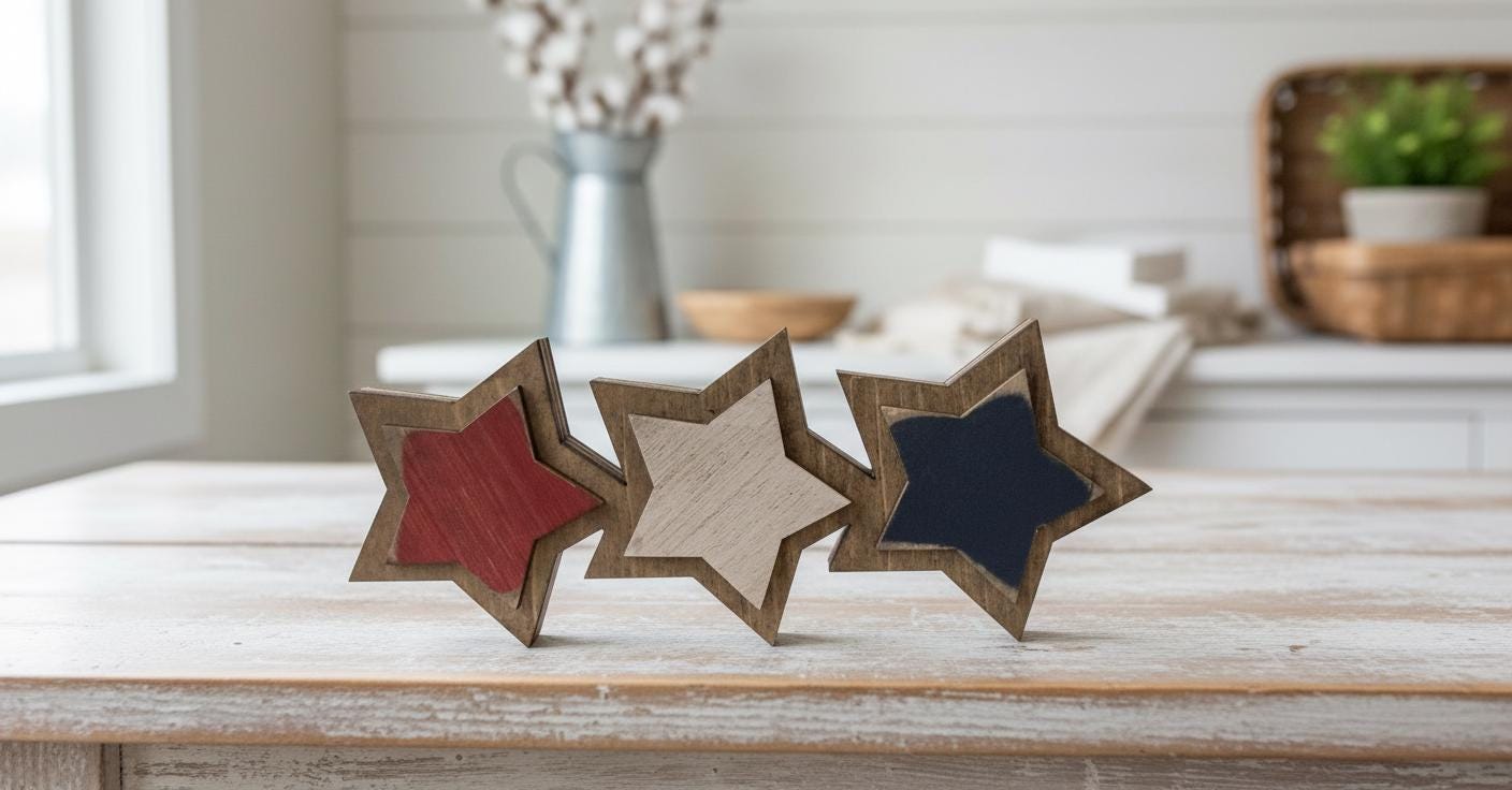 Connected Wood Stars Patriotic Decor, Americana Star Trio Shelf Sitter, 4th of July Tabletop Sign, Rustic Farmhouse Red White Blue Decor - TheGrumpyRooster