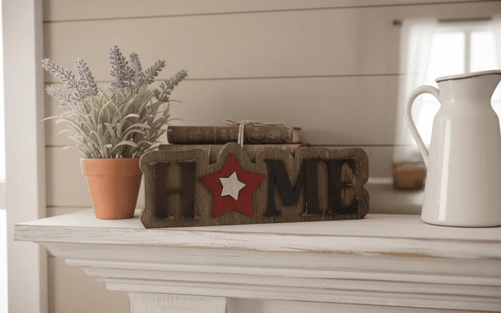 HOME Sign Patriotic Wood Decor, Americana Farmhouse Tabletop Sign, Red White Blue Star, 4th of July Mantel Decor, Rustic Country Home Sign - TheGrumpyRooster