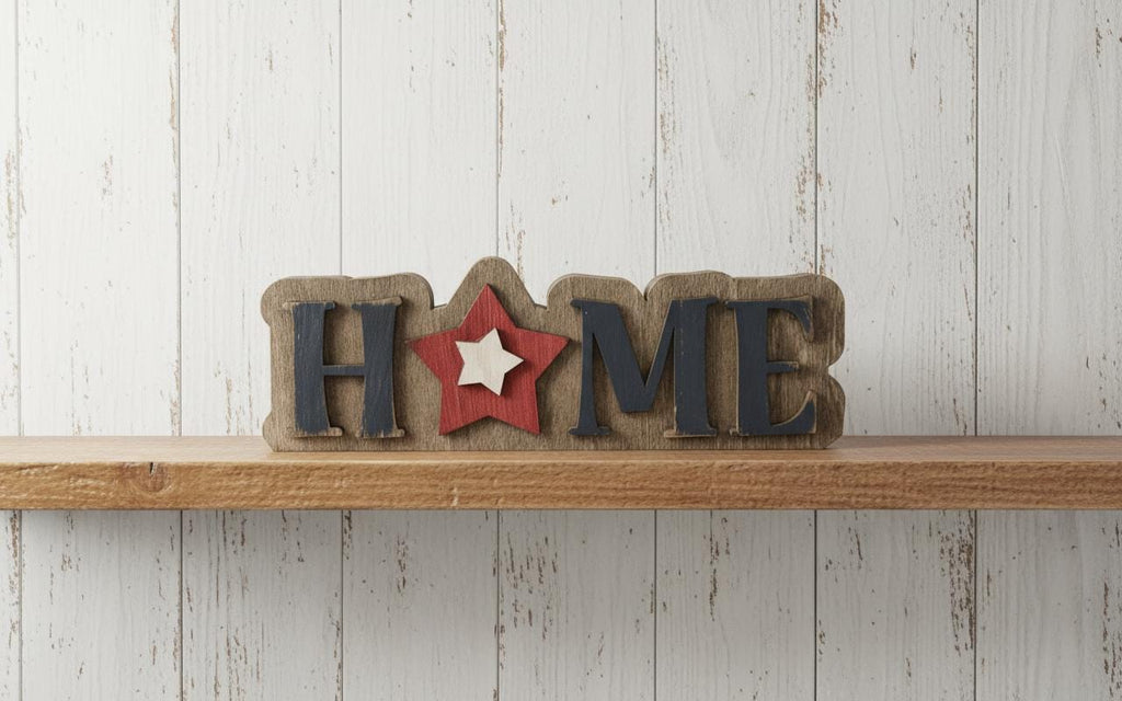 HOME Sign Patriotic Wood Decor, Americana Farmhouse Tabletop Sign, Red White Blue Star, 4th of July Mantel Decor, Rustic Country Home Sign - TheGrumpyRooster