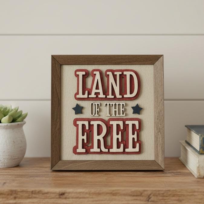 Land of the Free Wood Sign | Farmhouse Americana Decor, Tiered Tray Shelf Sitter - TheGrumpyRooster