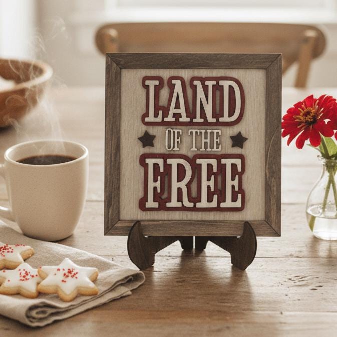 Land of the Free Wood Sign | Farmhouse Americana Decor, Tiered Tray Shelf Sitter - TheGrumpyRooster