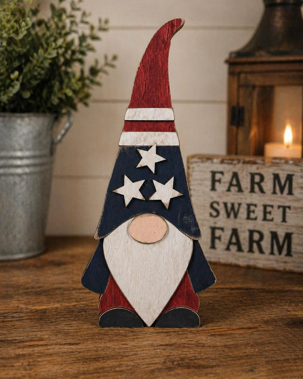Patriotic Wood Gnome Shelf Sitter | Farmhouse Americana Tiered Tray Decor - TheGrumpyRooster