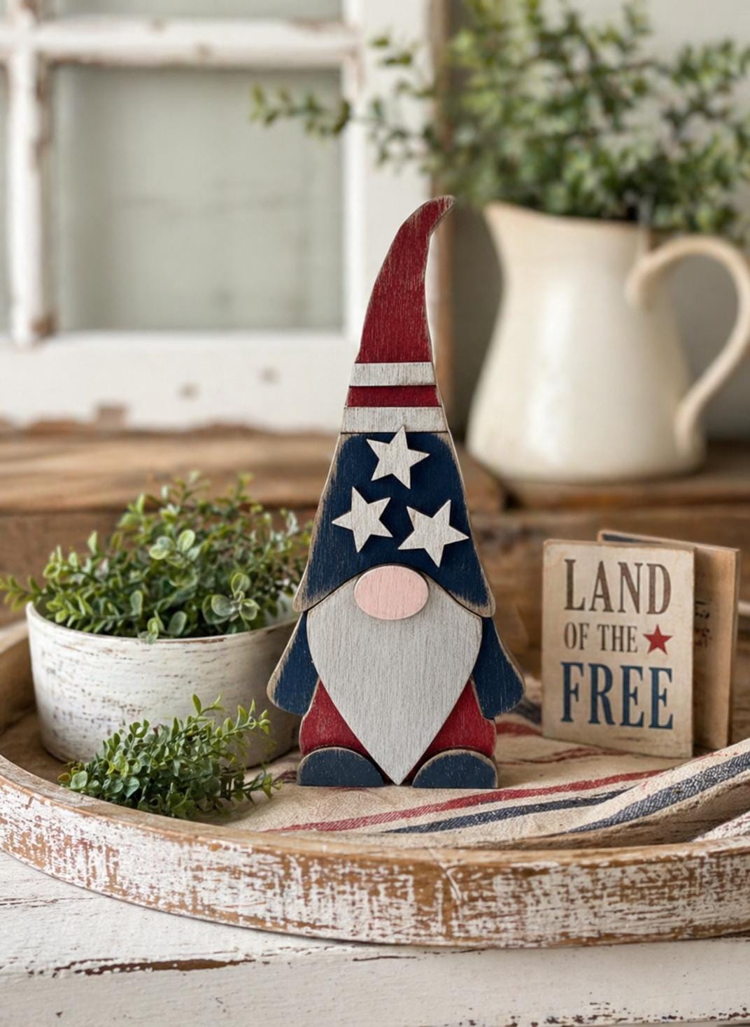 Patriotic Wood Gnome Shelf Sitter | Farmhouse Americana Tiered Tray Decor - TheGrumpyRooster