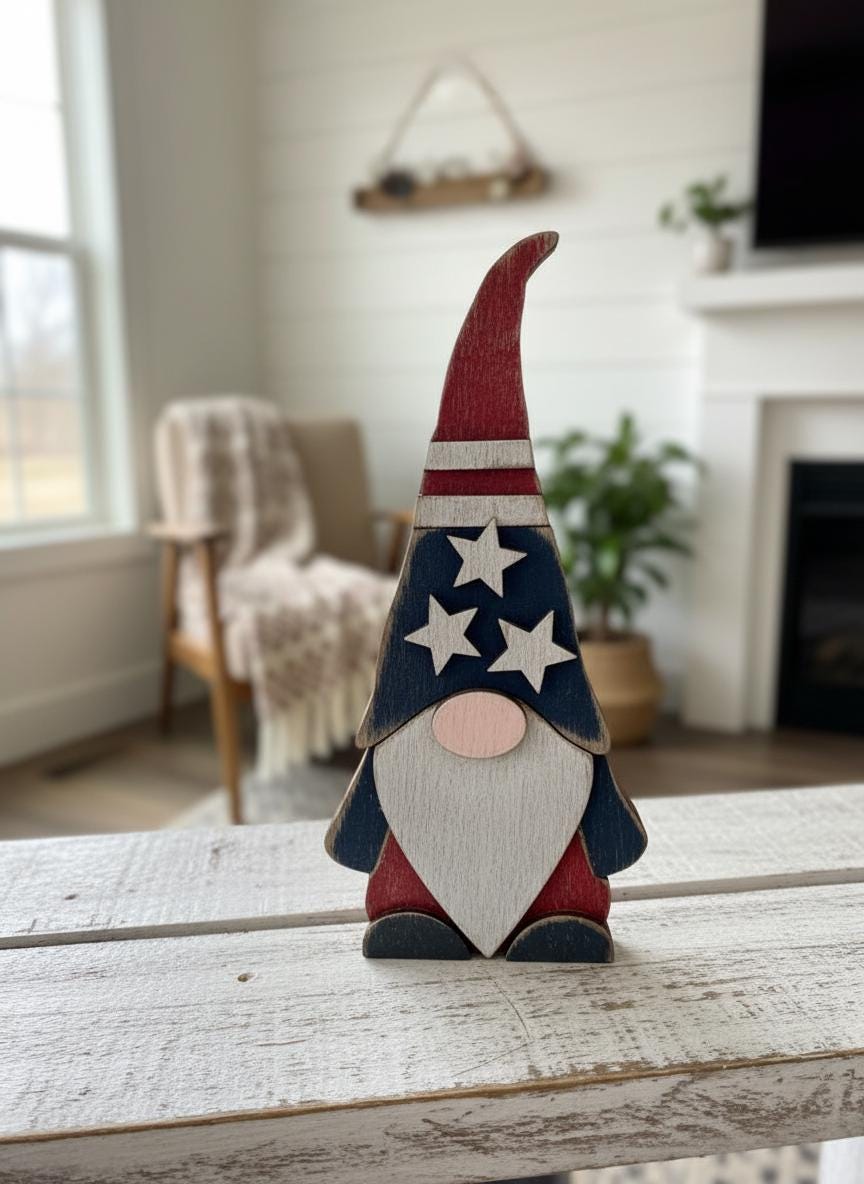 Patriotic Wood Gnome Shelf Sitter | Farmhouse Americana Tiered Tray Decor - TheGrumpyRooster