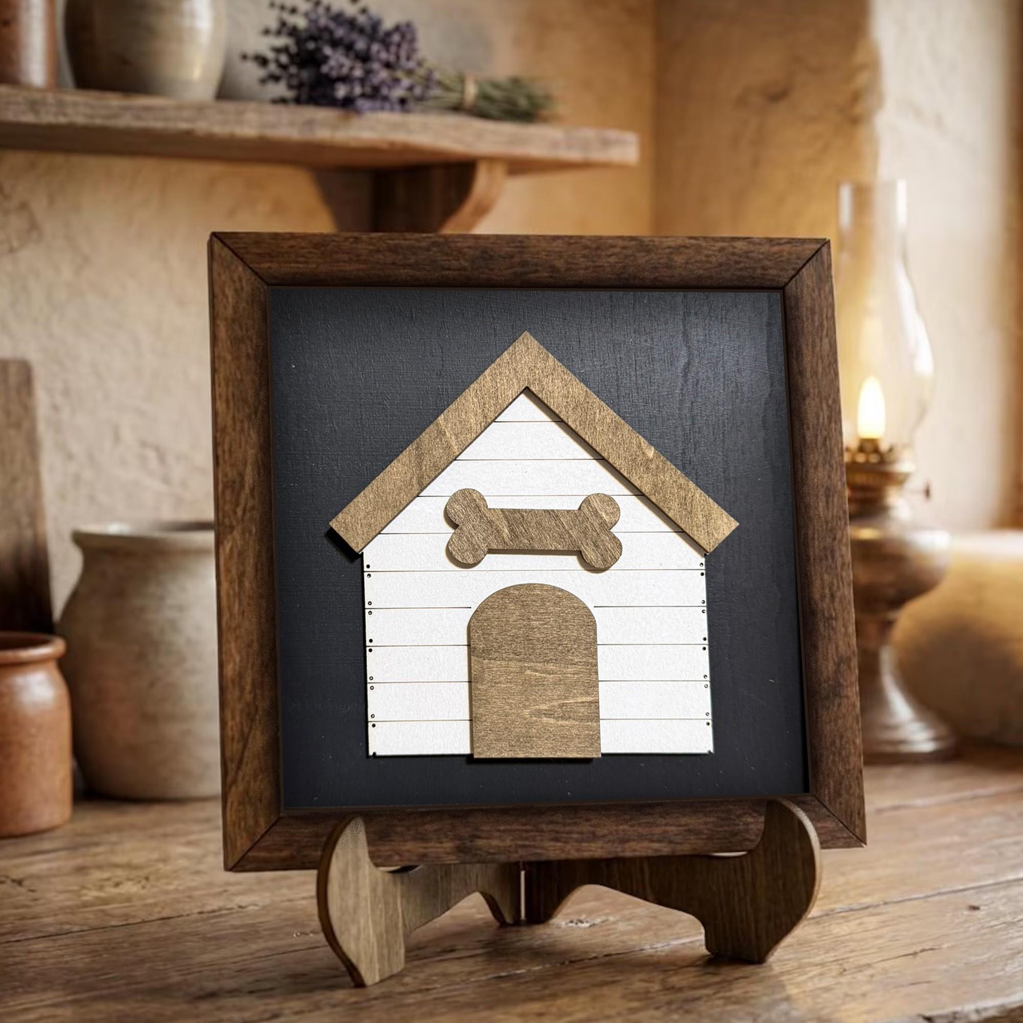 Framed Dog House Art Print | Rustic Farmhouse Shelf Decor (includes easel) | Dog Lovers Gift