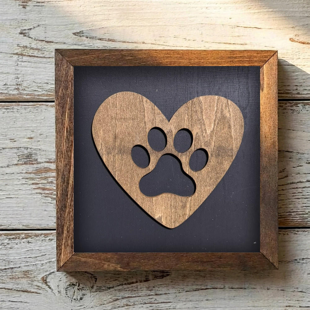 Framed Dog Paw Heart Art Print | Rustic Farmhouse Shelf Decor | Dog Lovers Gift