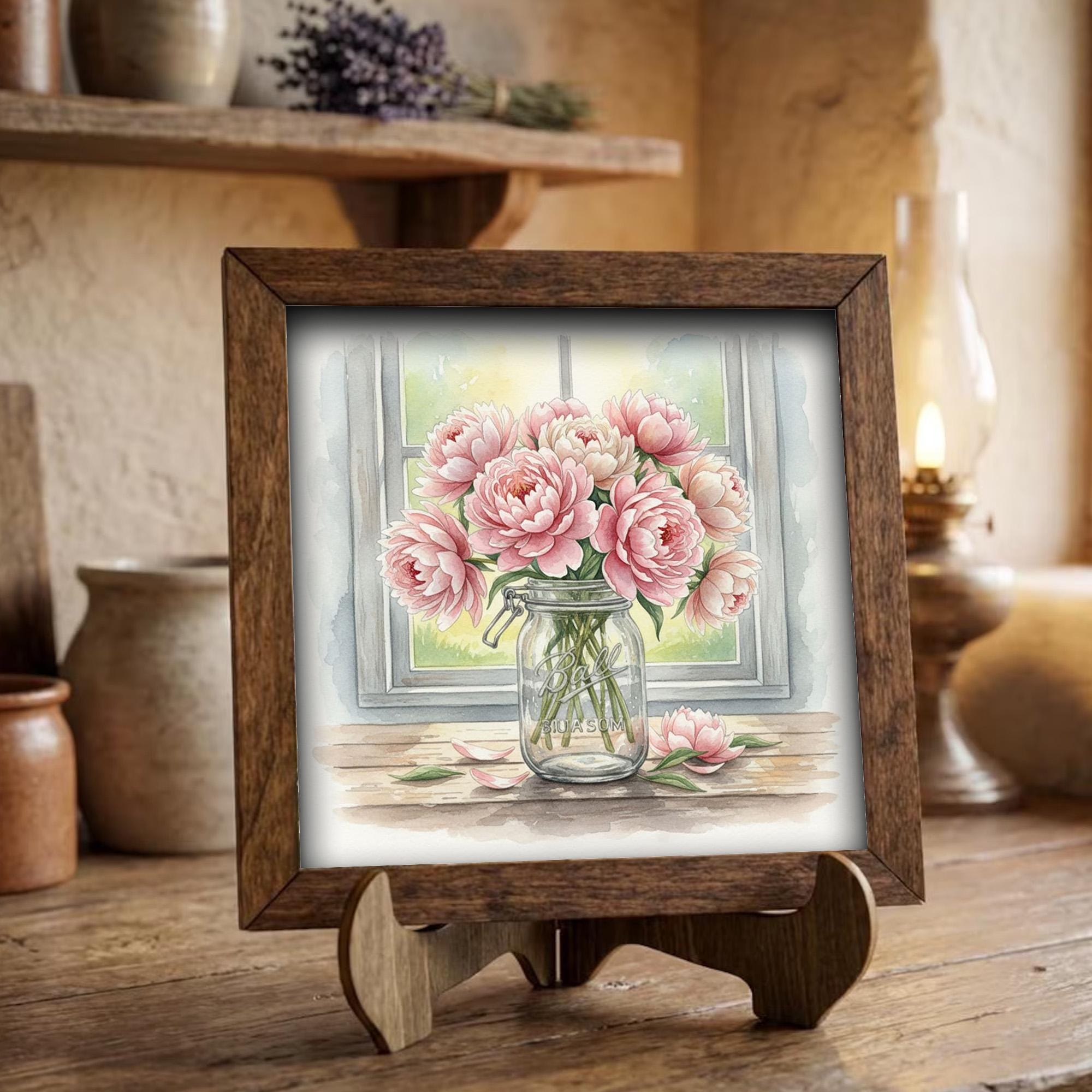 Peonies Flower Wall Art Sign – Rustic Mason Jar Framed Art Print - TheGrumpyRooster