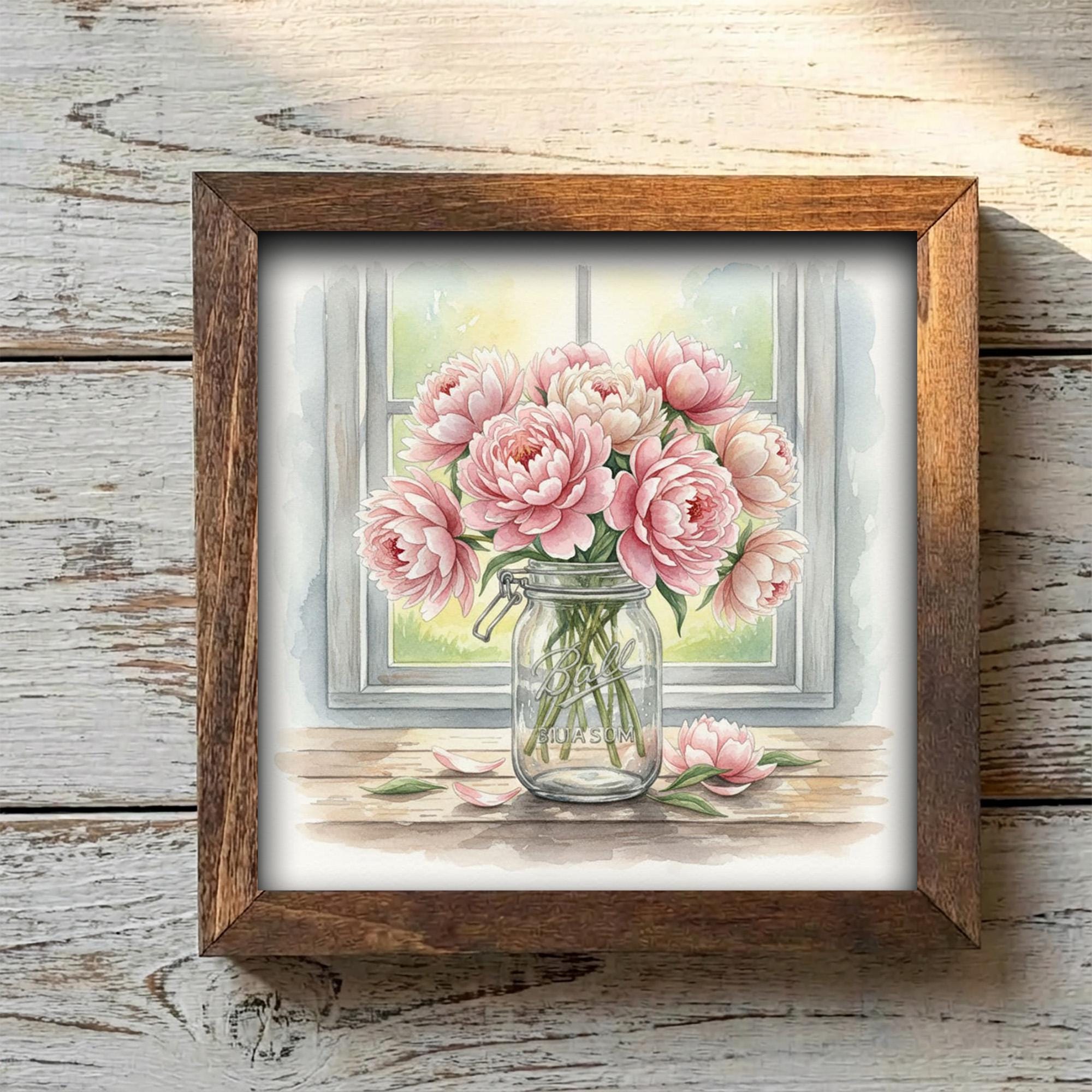 Peonies Flower Wall Art Sign – Rustic Mason Jar Framed Art Print - TheGrumpyRooster