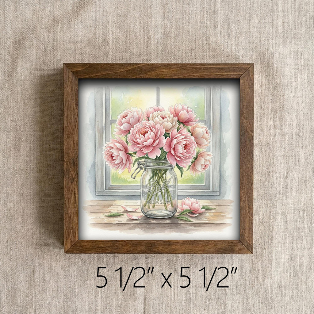 Peonies Flower Wall Art Sign – Rustic Mason Jar Framed Art Print - TheGrumpyRooster