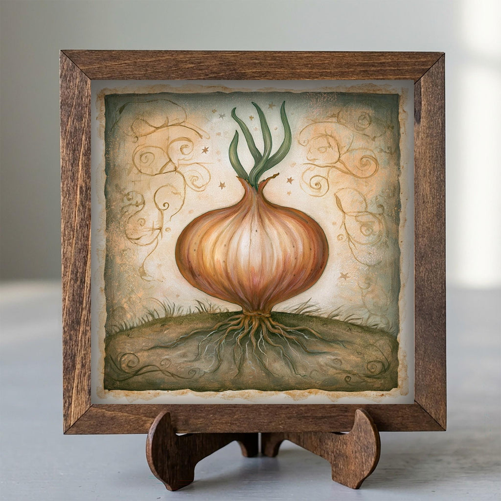 Framed Onion Art Print | Rustic Farmhouse Kitchen Decor (Easel Included)
