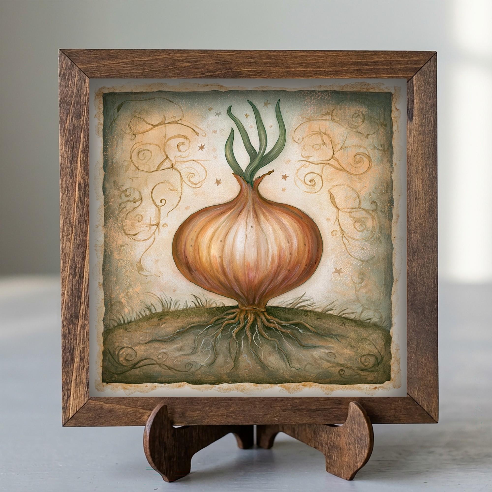 Framed Onion Art Print | Rustic Farmhouse Kitchen Decor (Easel Included)