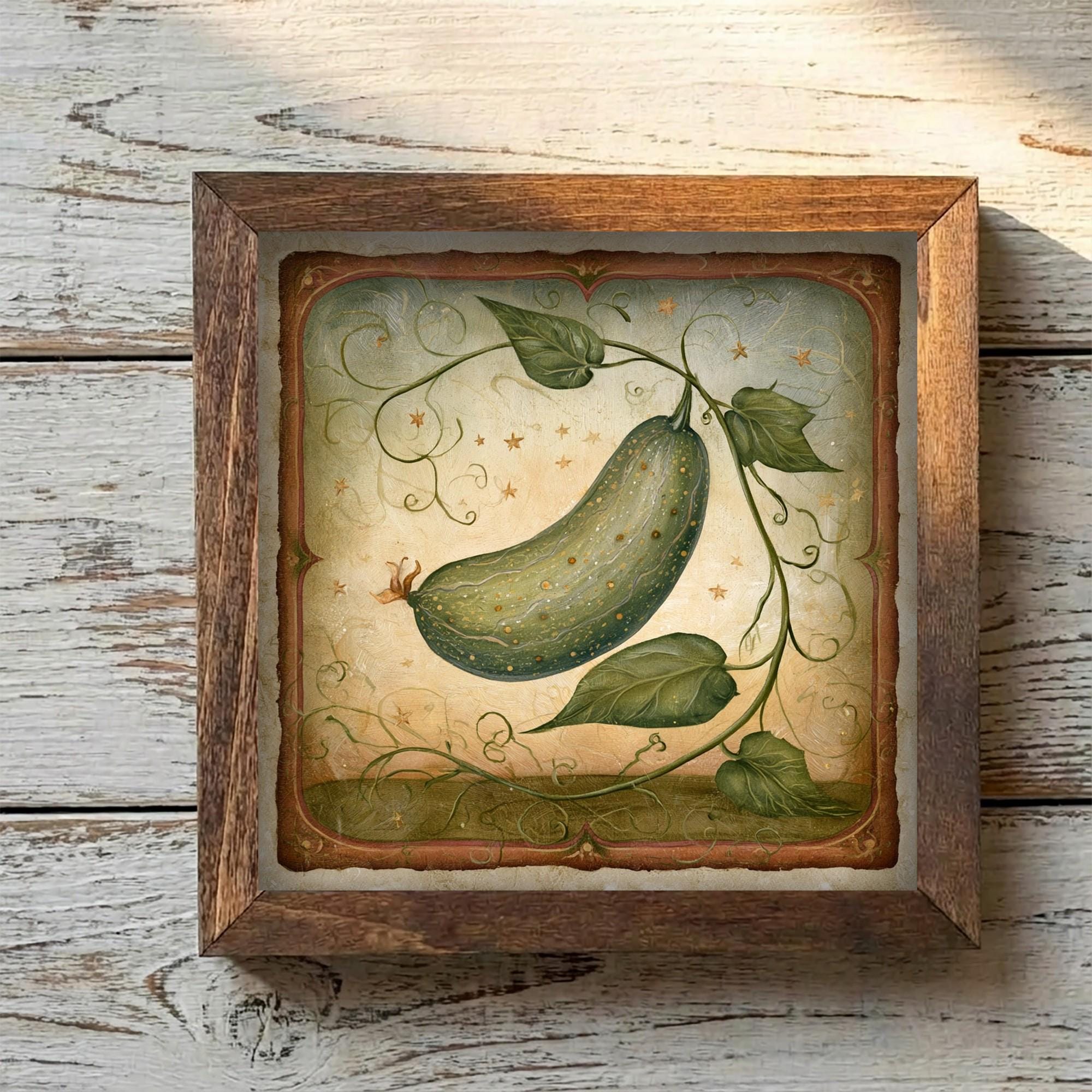 Framed Cucumber Art Print | Rustic Farmhouse Kitchen Decor (Easel Included)