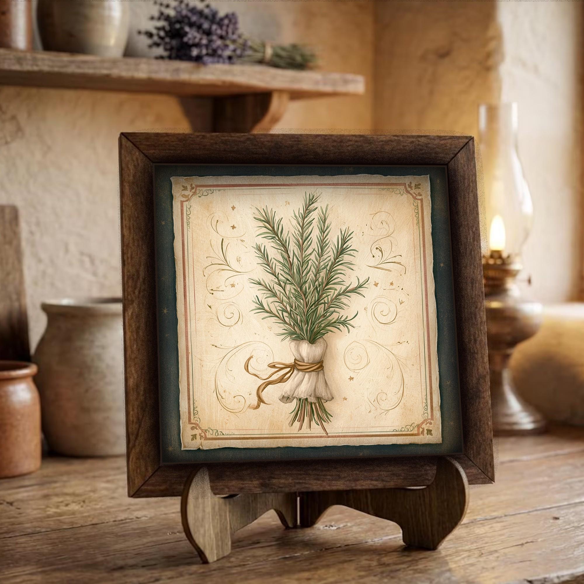 Framed Rosemary Herb Art Print | Rustic Farmhouse Shelf Decor