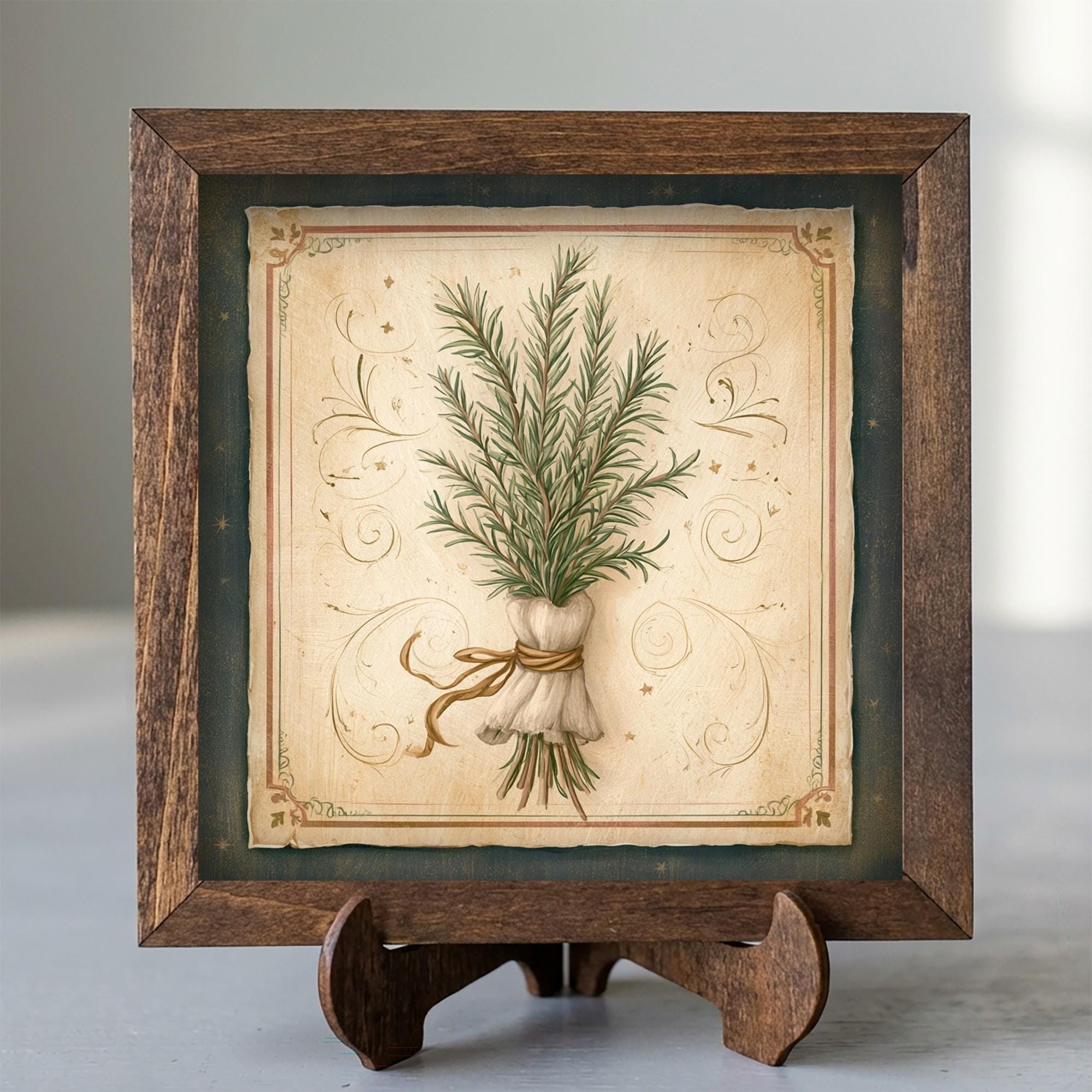 Framed Rosemary Herb Art Print | Rustic Farmhouse Shelf Decor
