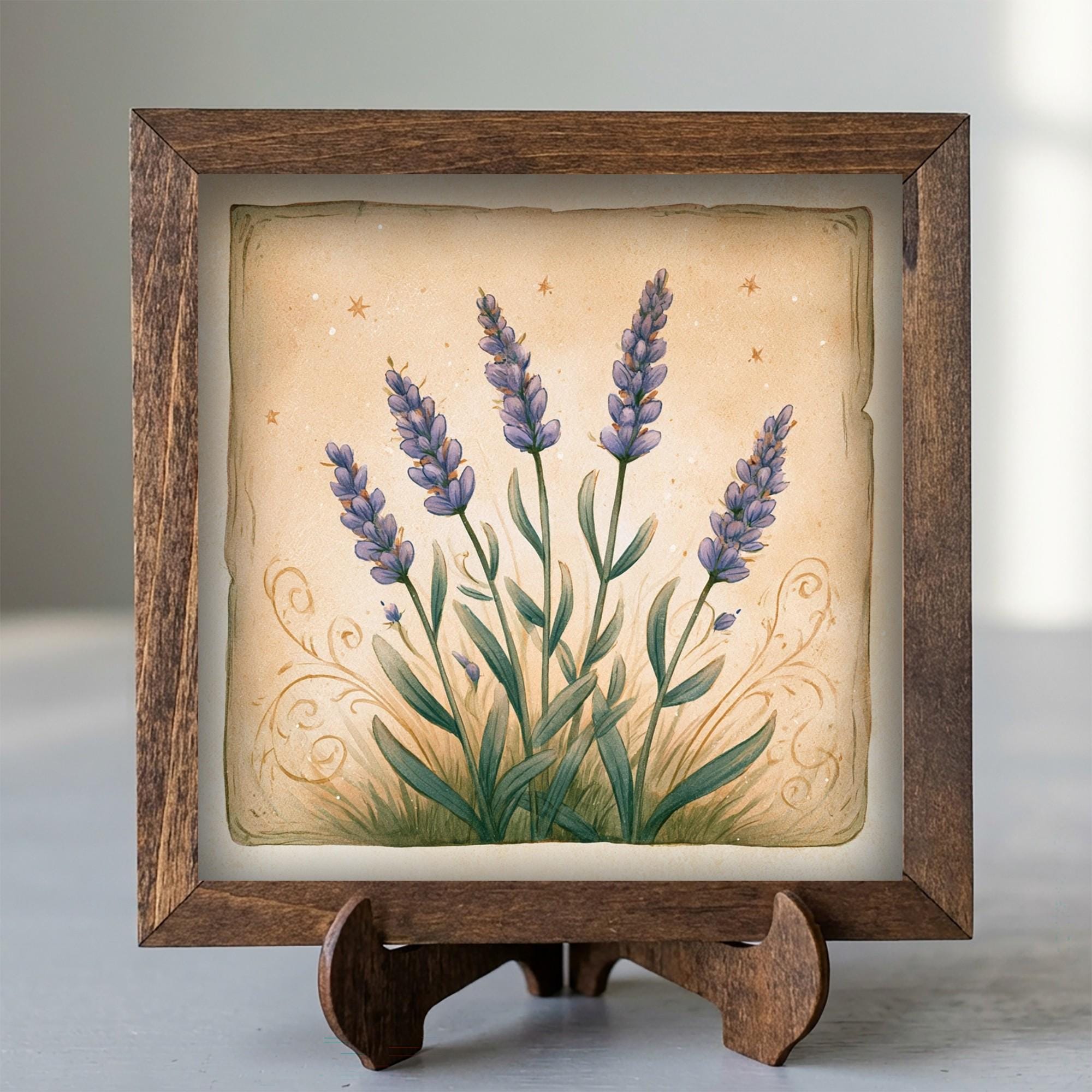 Framed Lavender Art Print | Rustic Farmhouse Shelf Decor (Easel Included)