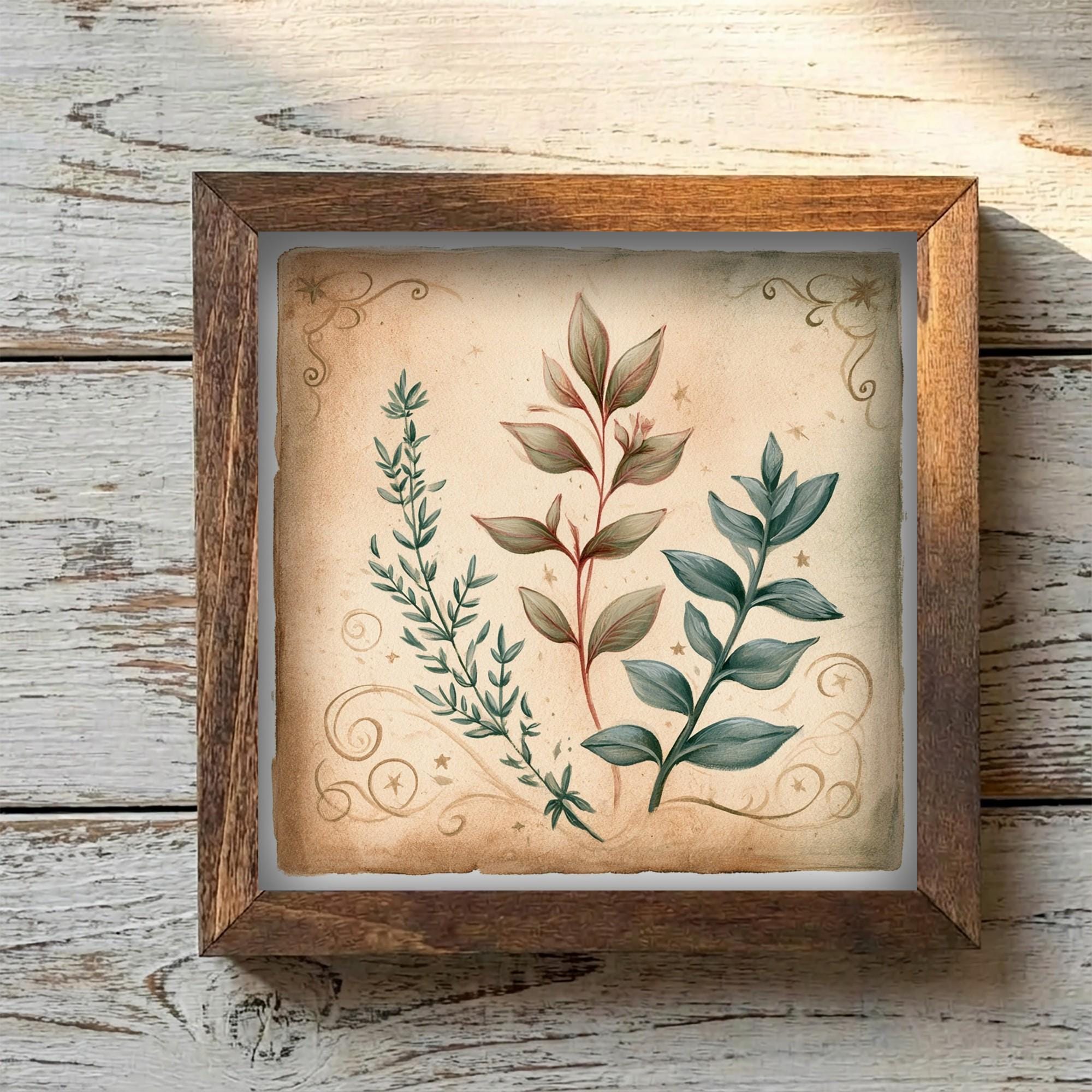 Framed Botanical Art Print | Rustic Farmhouse Shelf Decor (Easel Included)