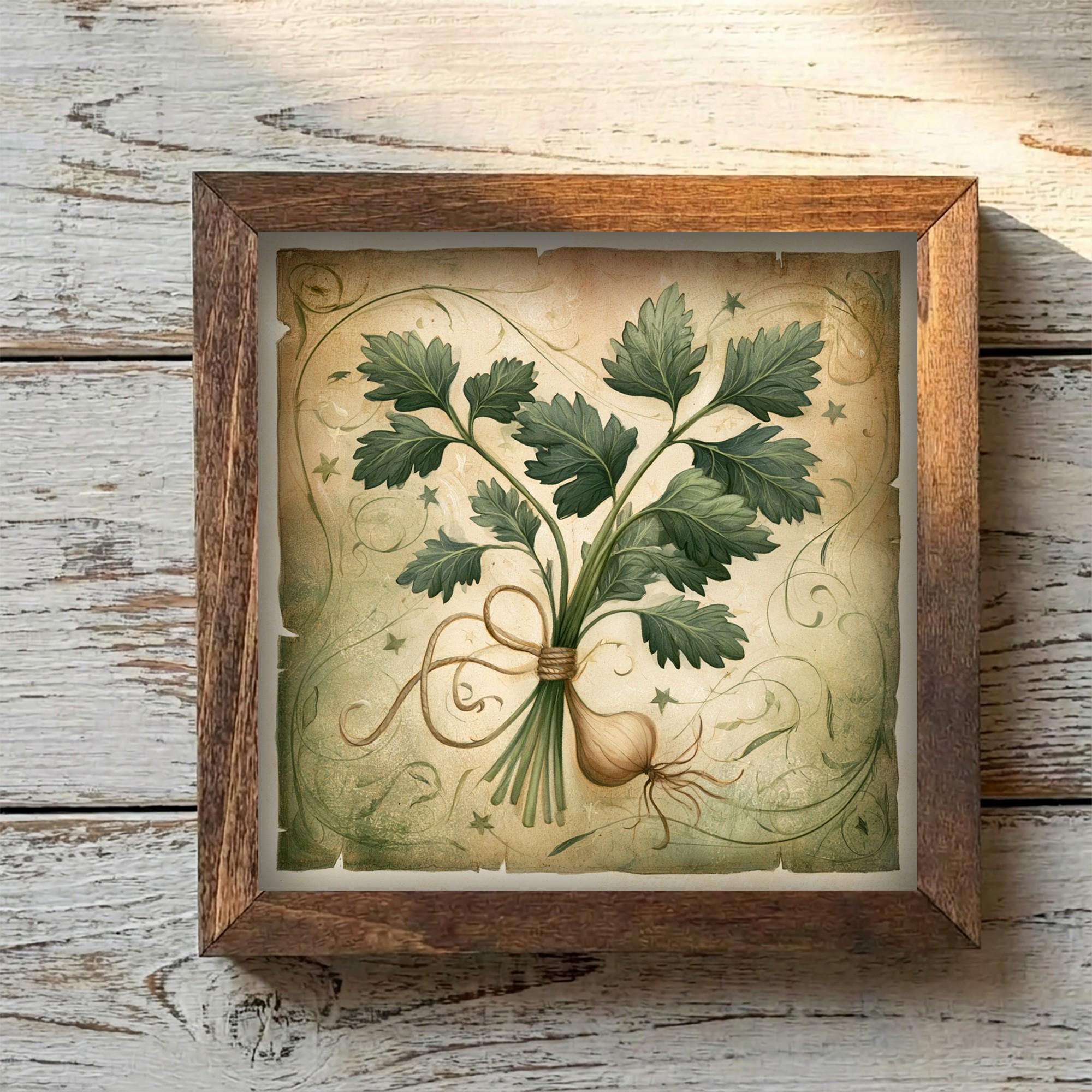Framed Herb Bundle Art Print | Rustic Farmhouse Shelf Decor