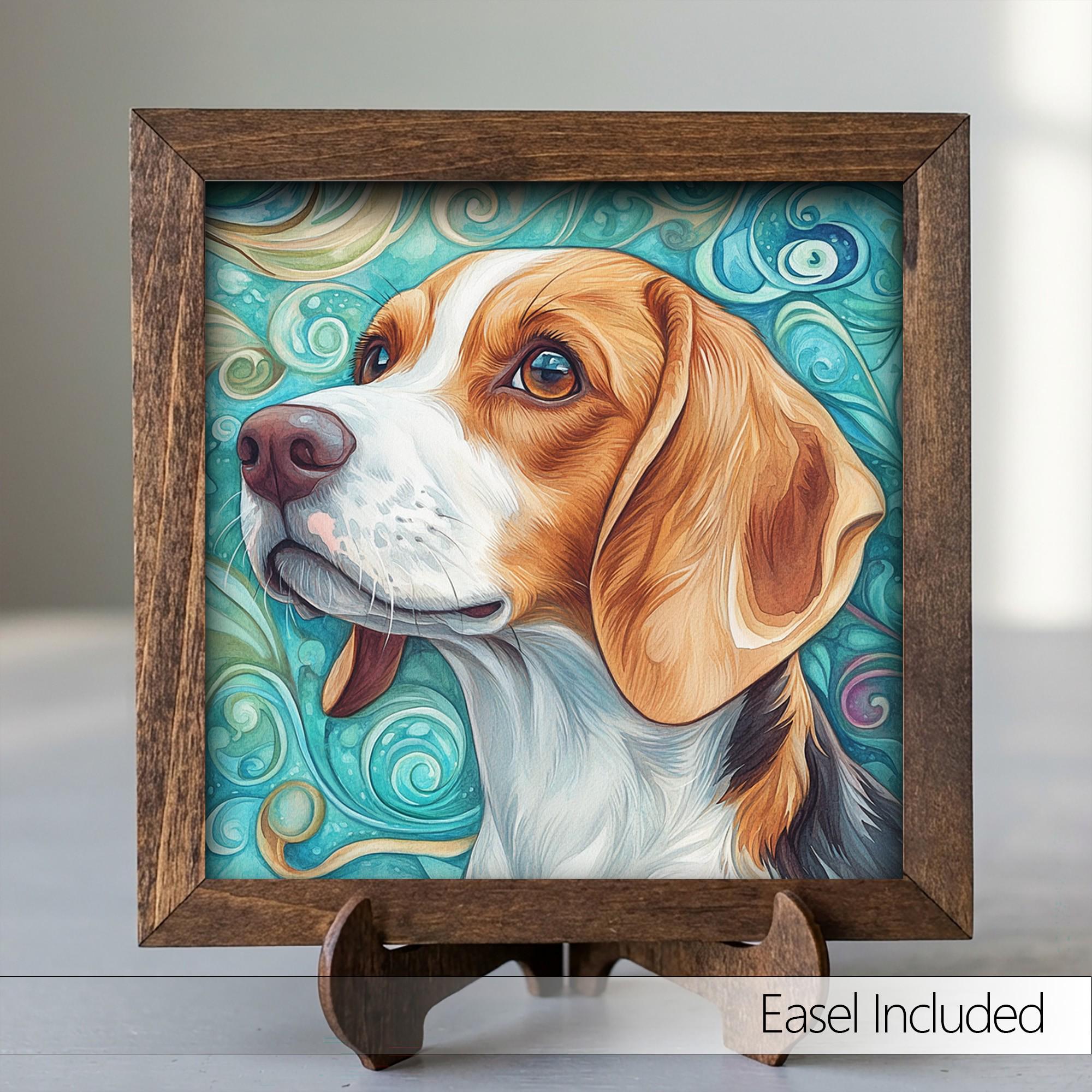 Tri-color with white blaze Beagle Dog Framed Art, Watercolor Beagle Portrait, 5.5 Inch Shelf Decor with Easel, Dog Lover Gift
