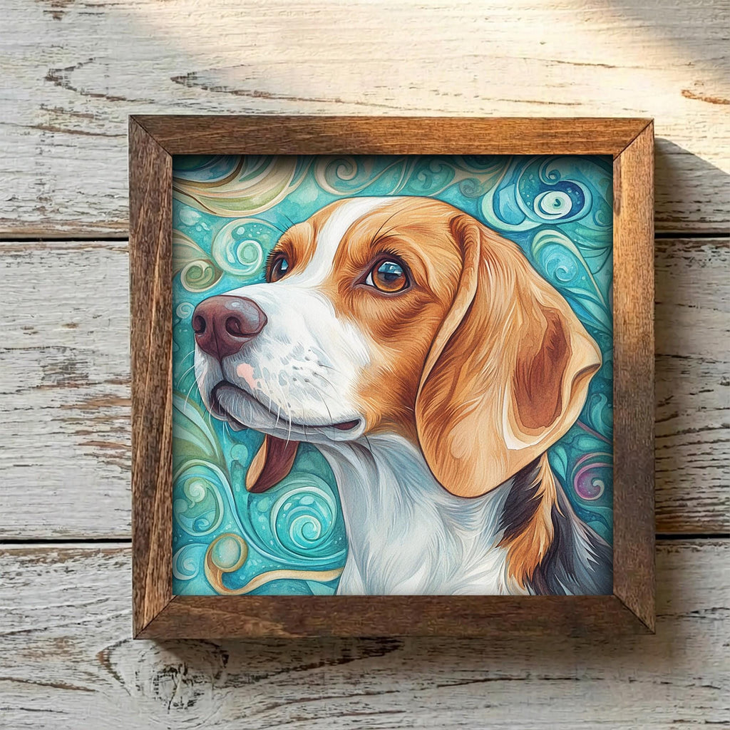 Tri-color with white blaze Beagle Dog Framed Art, Watercolor Beagle Portrait, 5.5 Inch Shelf Decor with Easel, Dog Lover Gift
