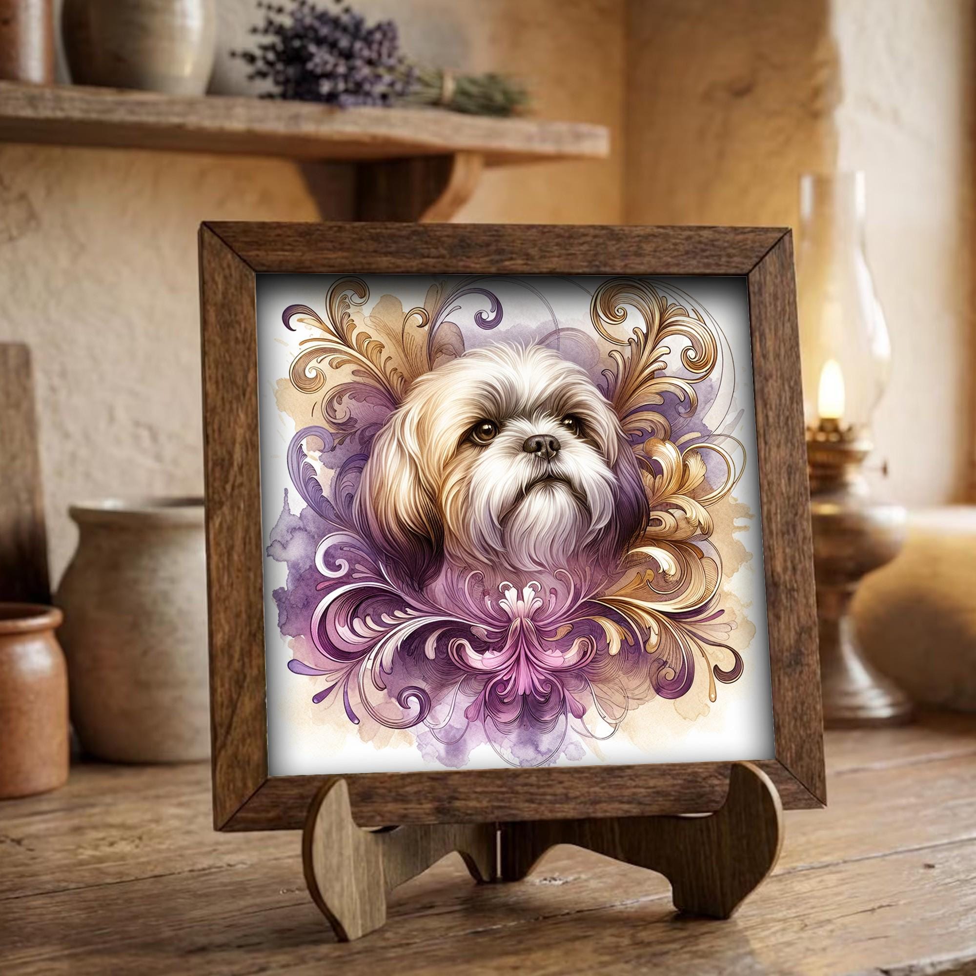 Framed Shih Tzu Art Print | Watercolor Dog Portrait Shelf Decor