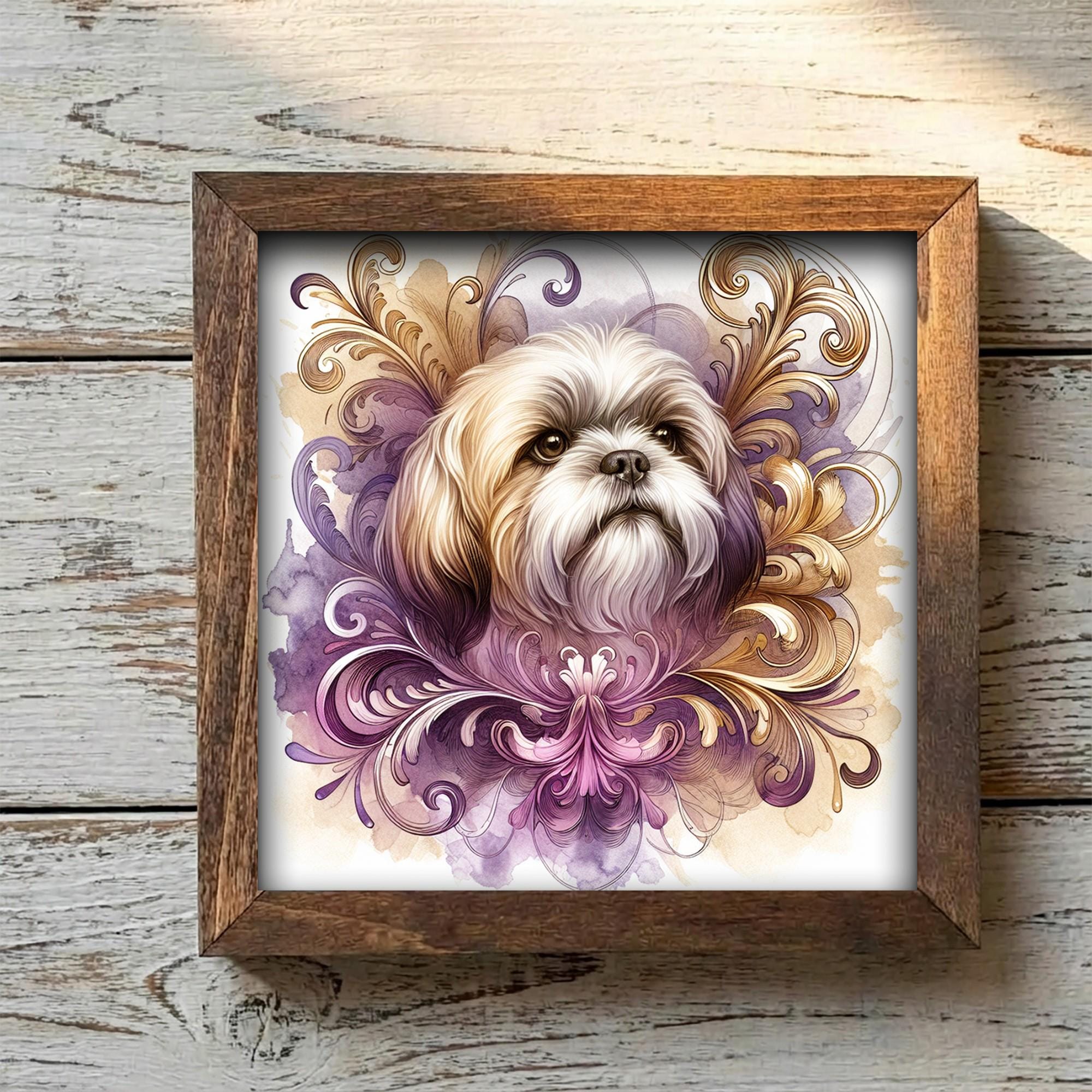 Framed Shih Tzu Art Print | Watercolor Dog Portrait Shelf Decor