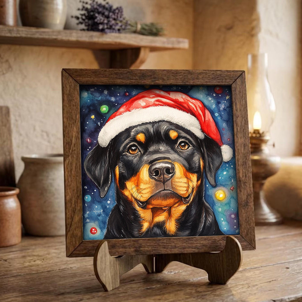 Framed Rottweiler Santa Hat Art Print | Festive Dog Shelf Decor
