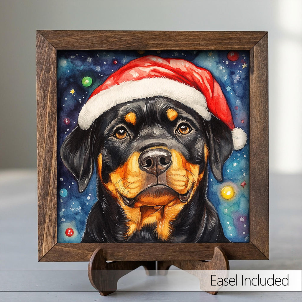 Framed Rottweiler Santa Hat Art Print | Festive Dog Shelf Decor