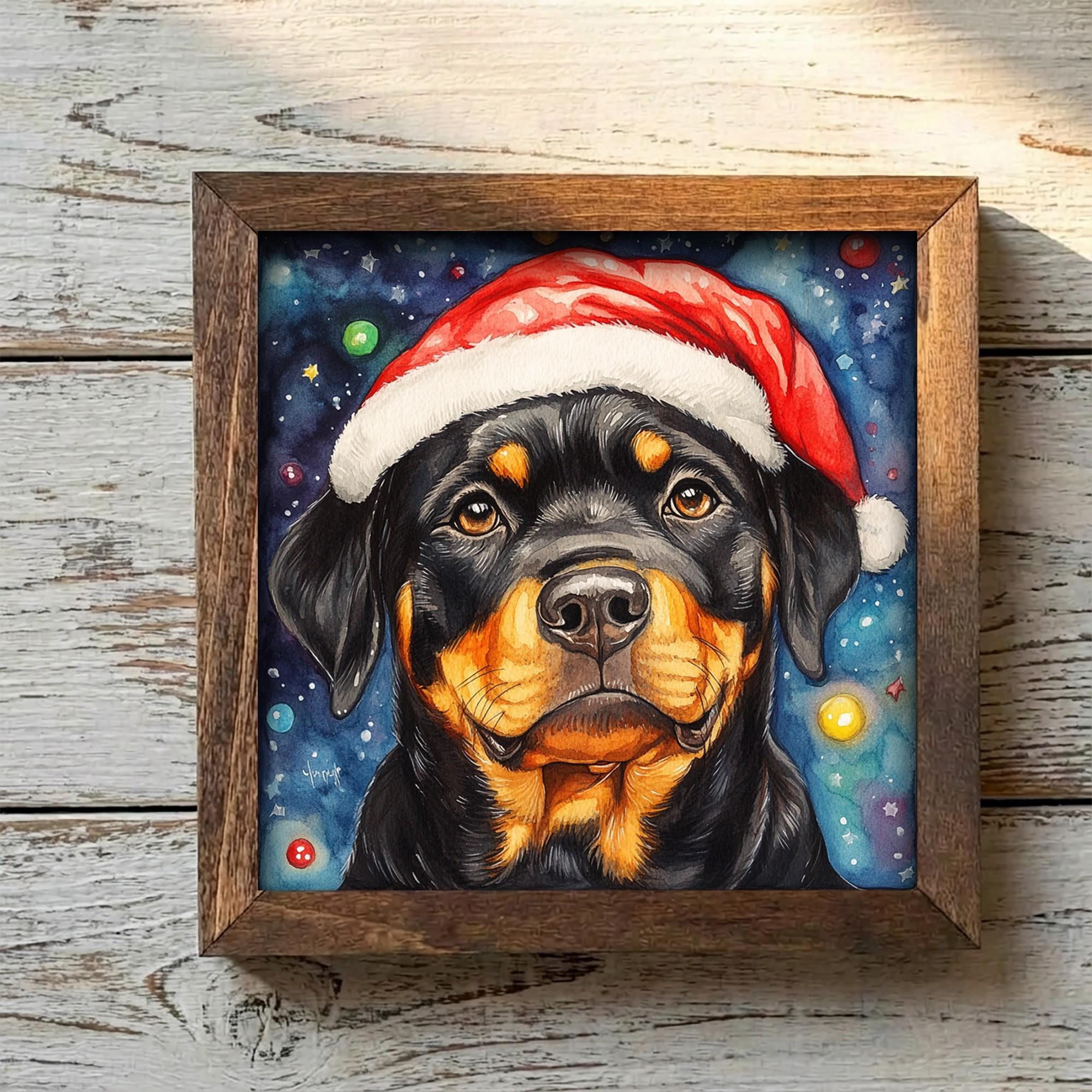 Framed Rottweiler Santa Hat Art Print | Festive Dog Shelf Decor