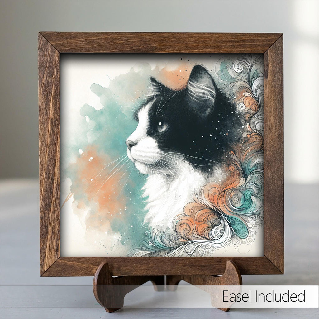 Framed Tuxedo Cat Art Print | Watercolor Farmhouse Shelf Decor