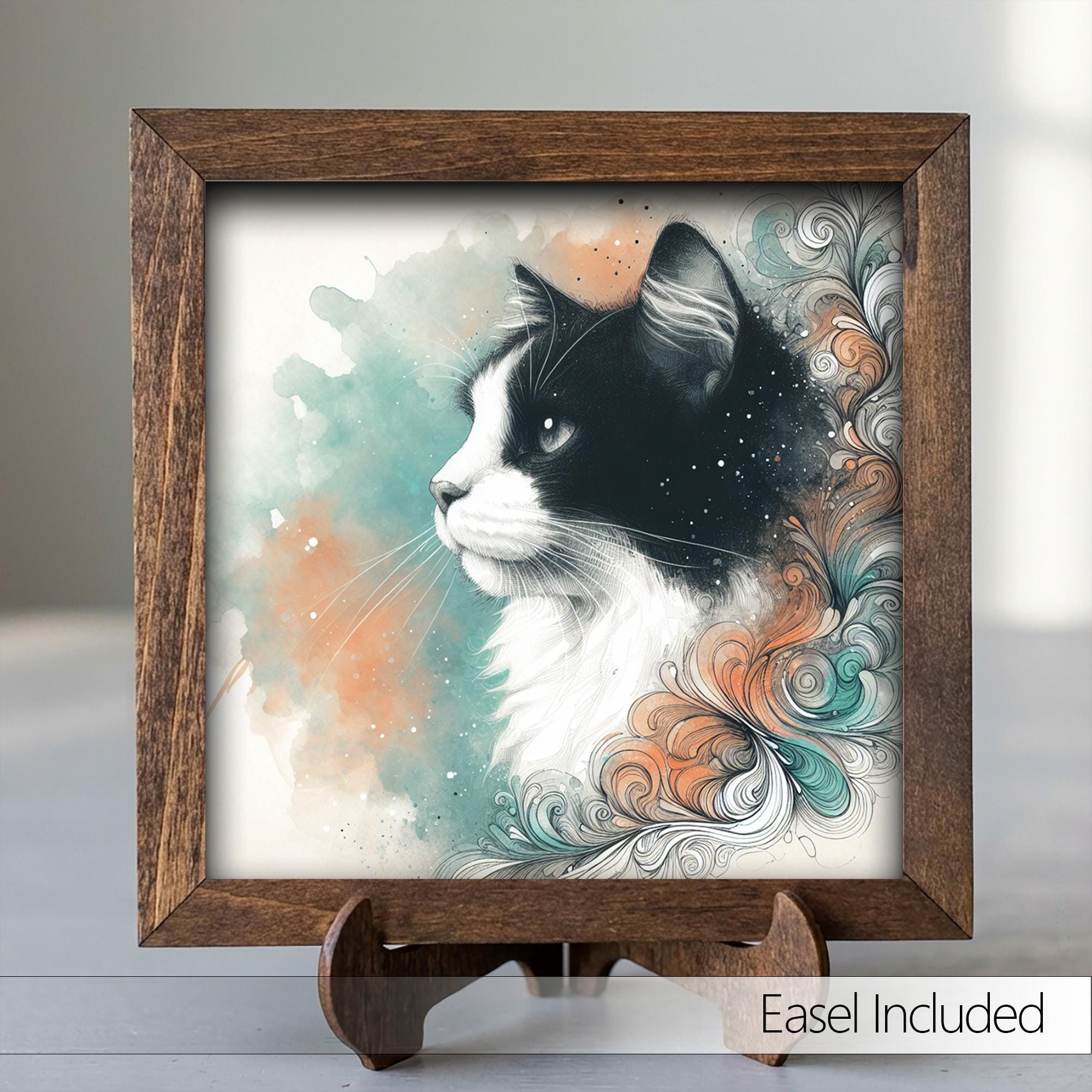 Framed Tuxedo Cat Art Print | Watercolor Farmhouse Shelf Decor