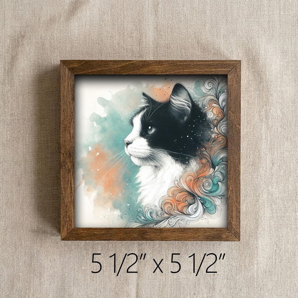 Framed Tuxedo Cat Art Print | Watercolor Farmhouse Shelf Decor