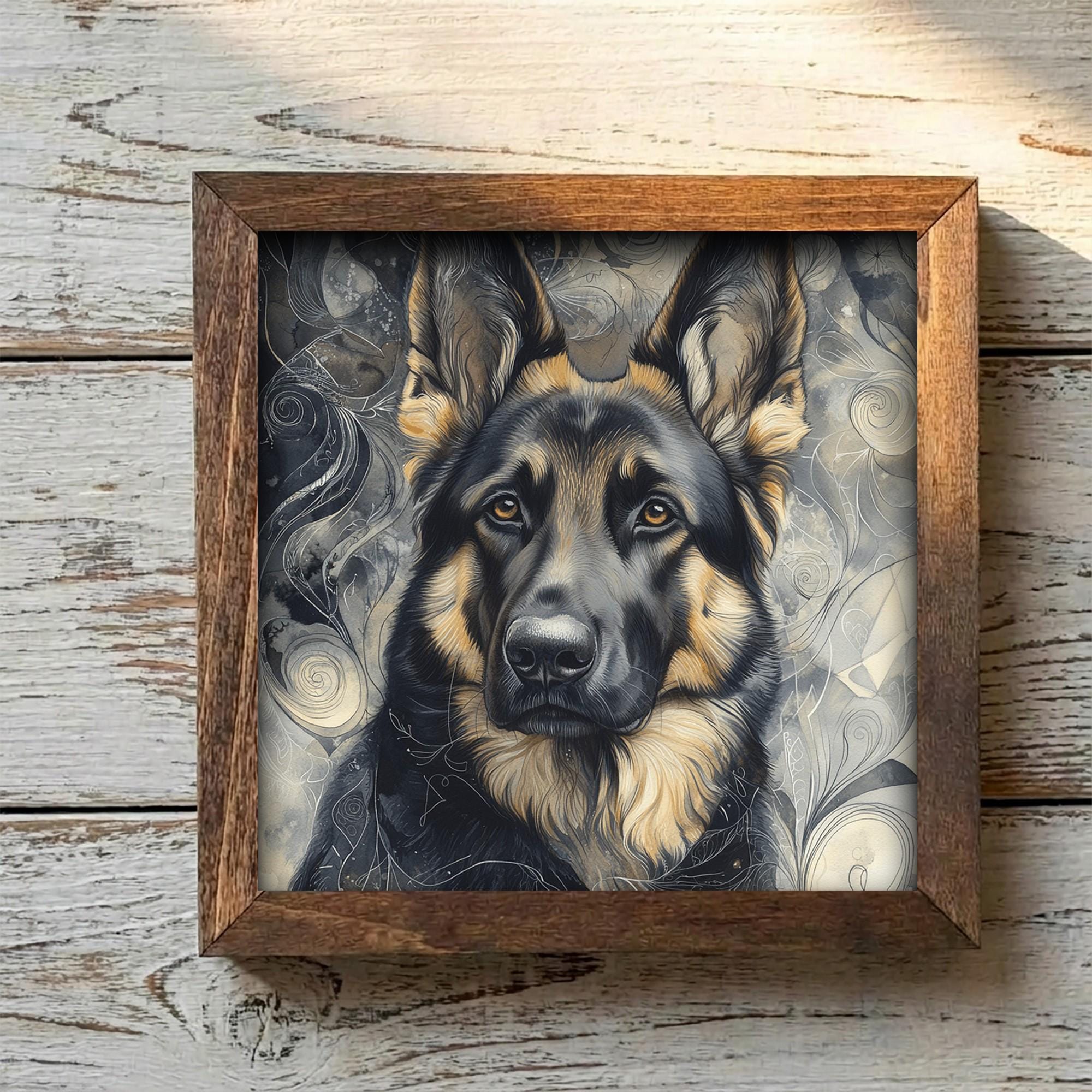 Framed German Shepherd Art Print | Rustic Farmhouse Dog Decor