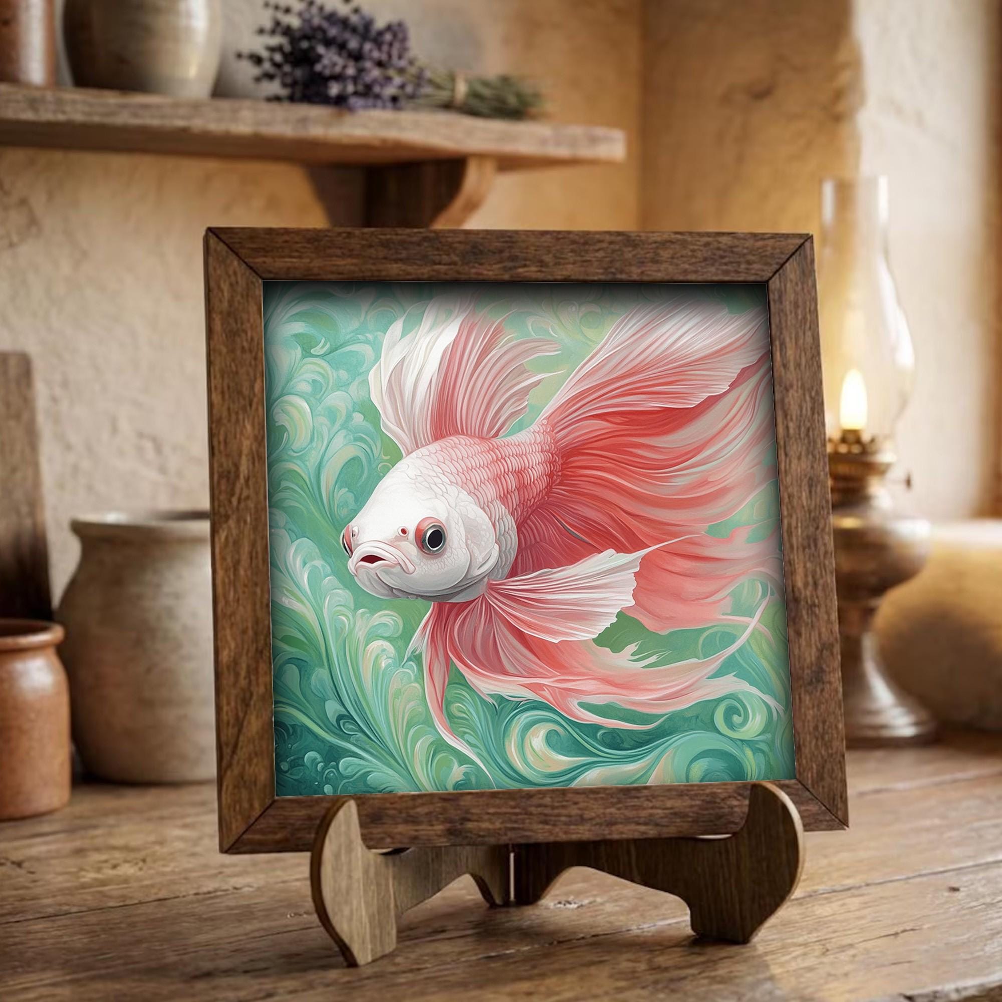 Framed Pink Betta Fish Art Print | Rustic Farmhouse Shelf Decor