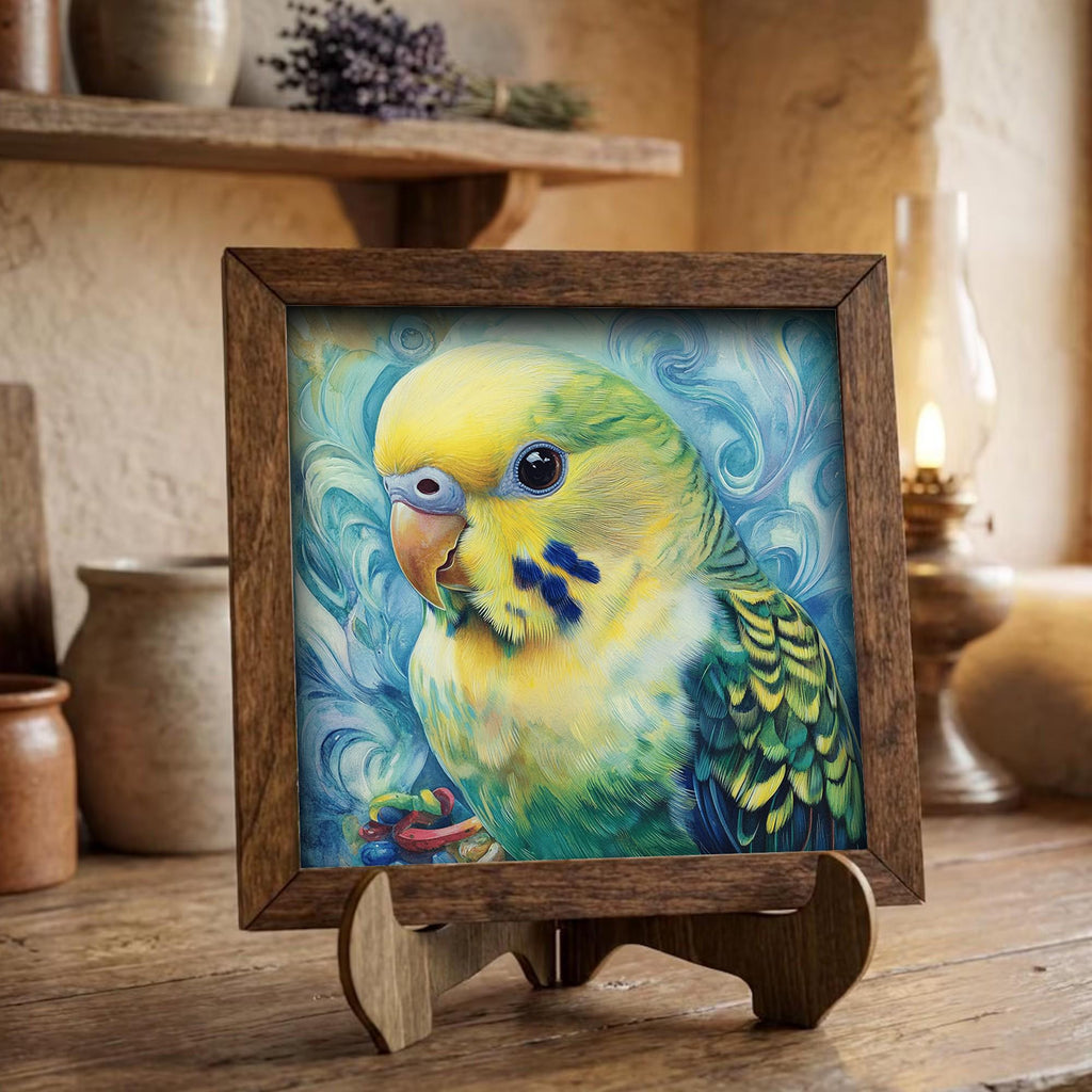 Framed Parakeet Art Print | Watercolor Bird Wall Decor (Easel Included)