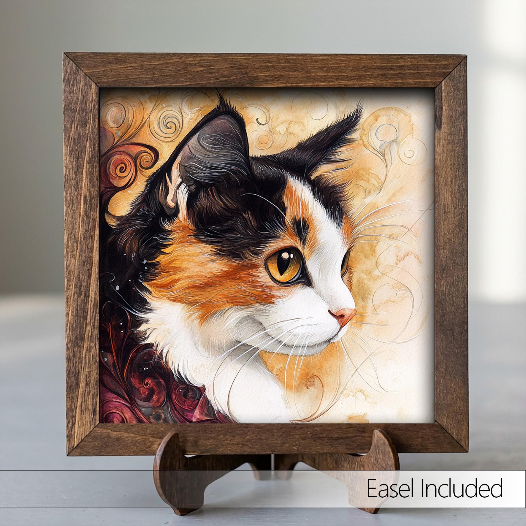Framed Calico Cat Art Print | Rustic Farmhouse Shelf Decor