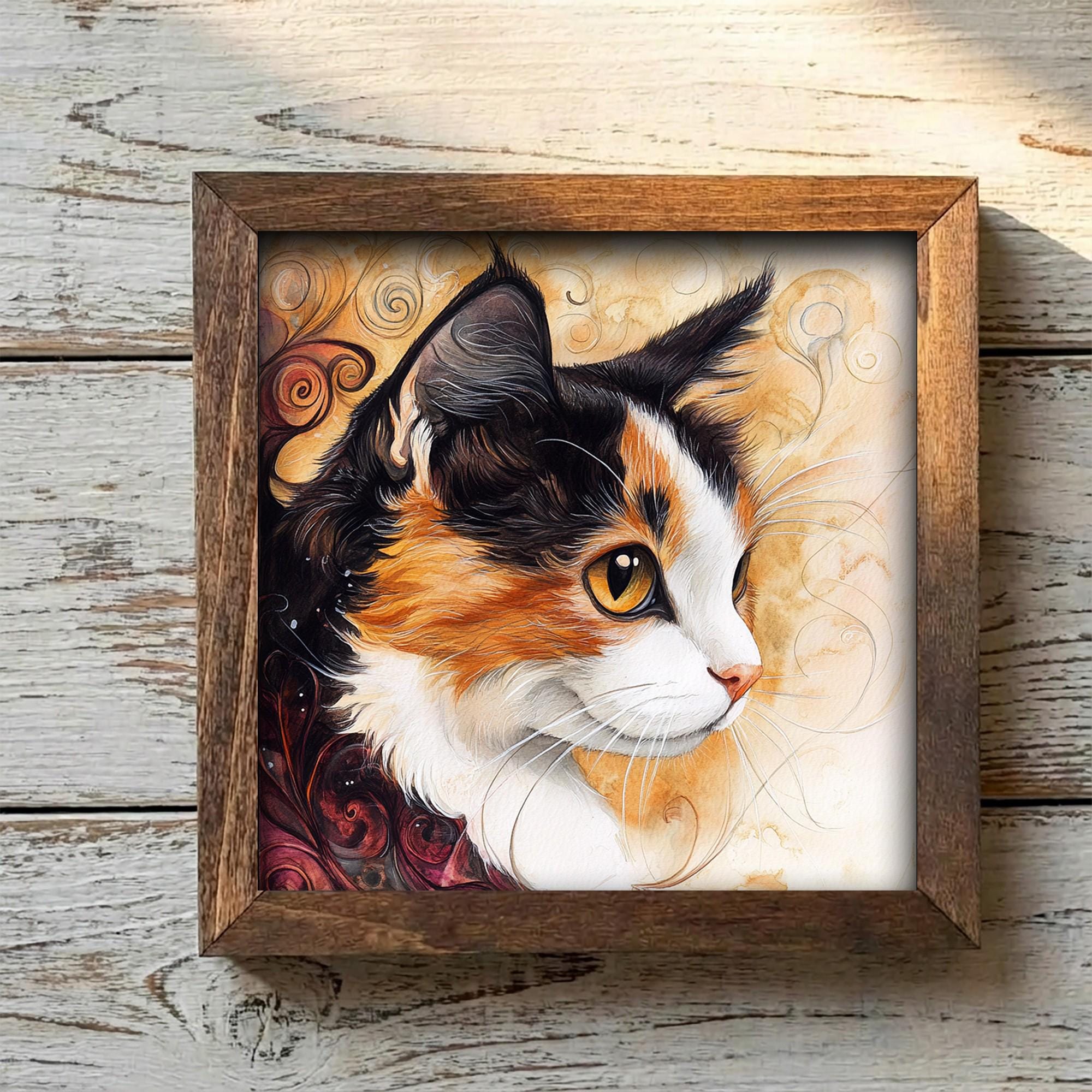 Framed Calico Cat Art Print | Rustic Farmhouse Shelf Decor